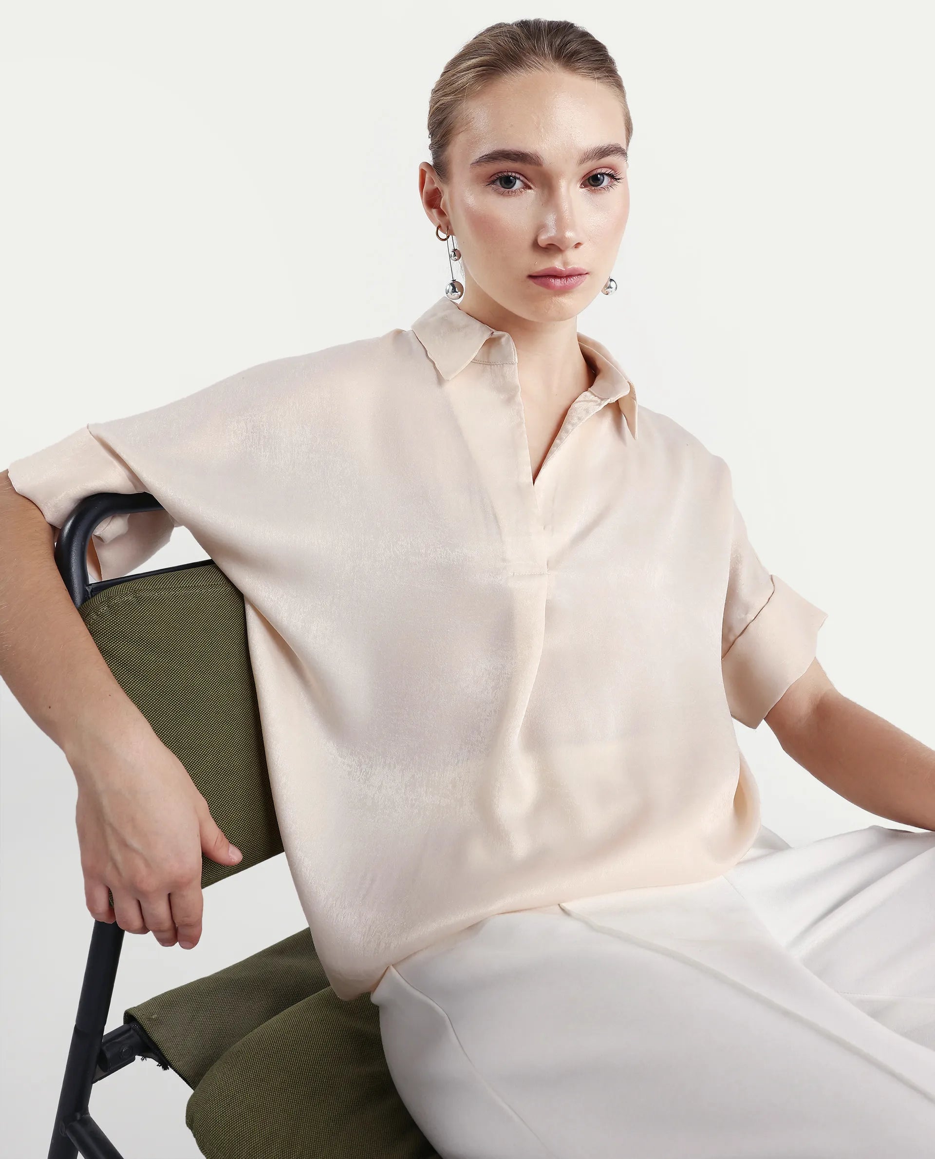 Rareism Women's Lamona T Beige Satin Drop Collar Plain Extended Sleeves Boxy Fit Top