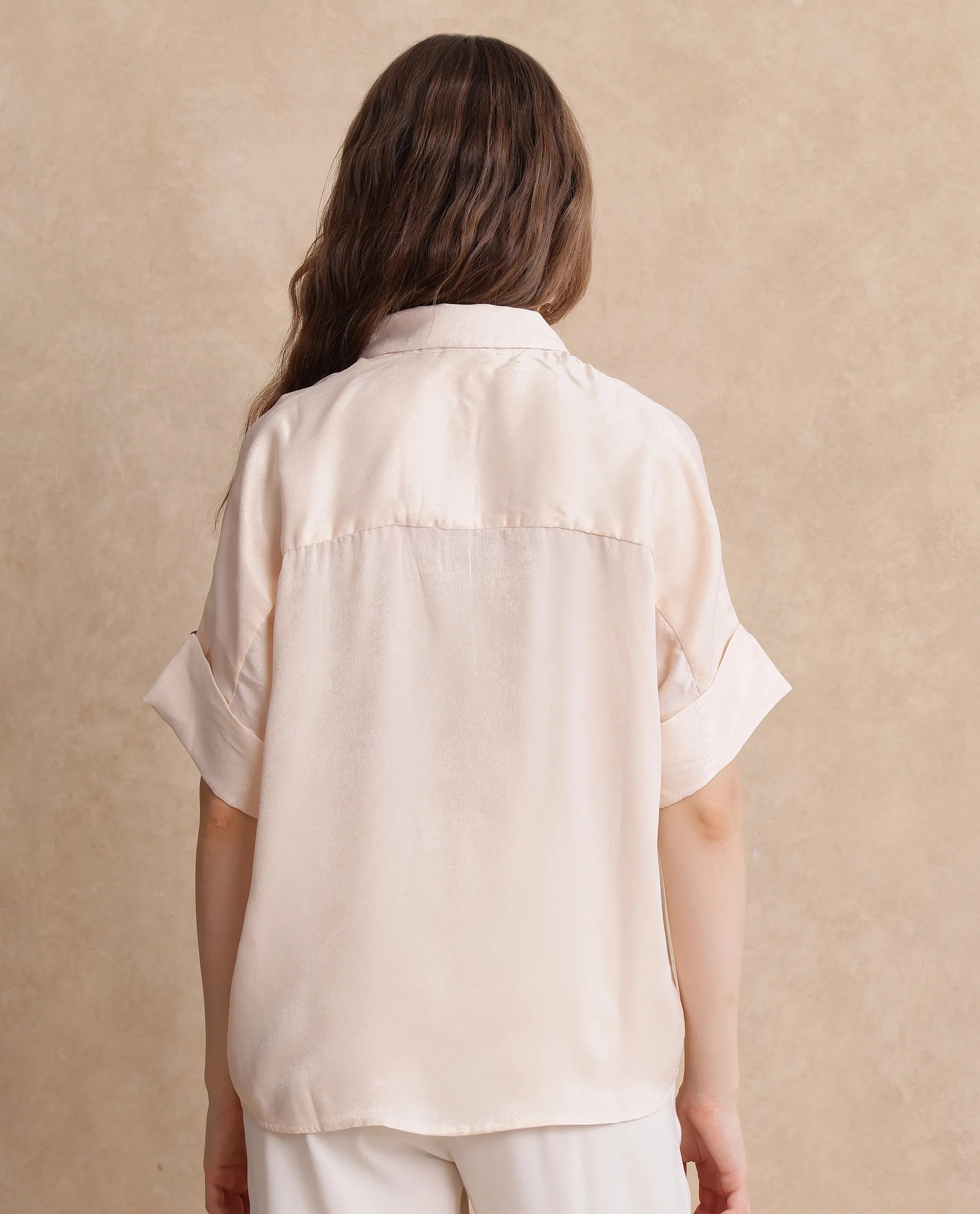 Rareism Women Lamona-T Beige Satin Extended Sleeves Collared Neck Boxy Fit Plain Top