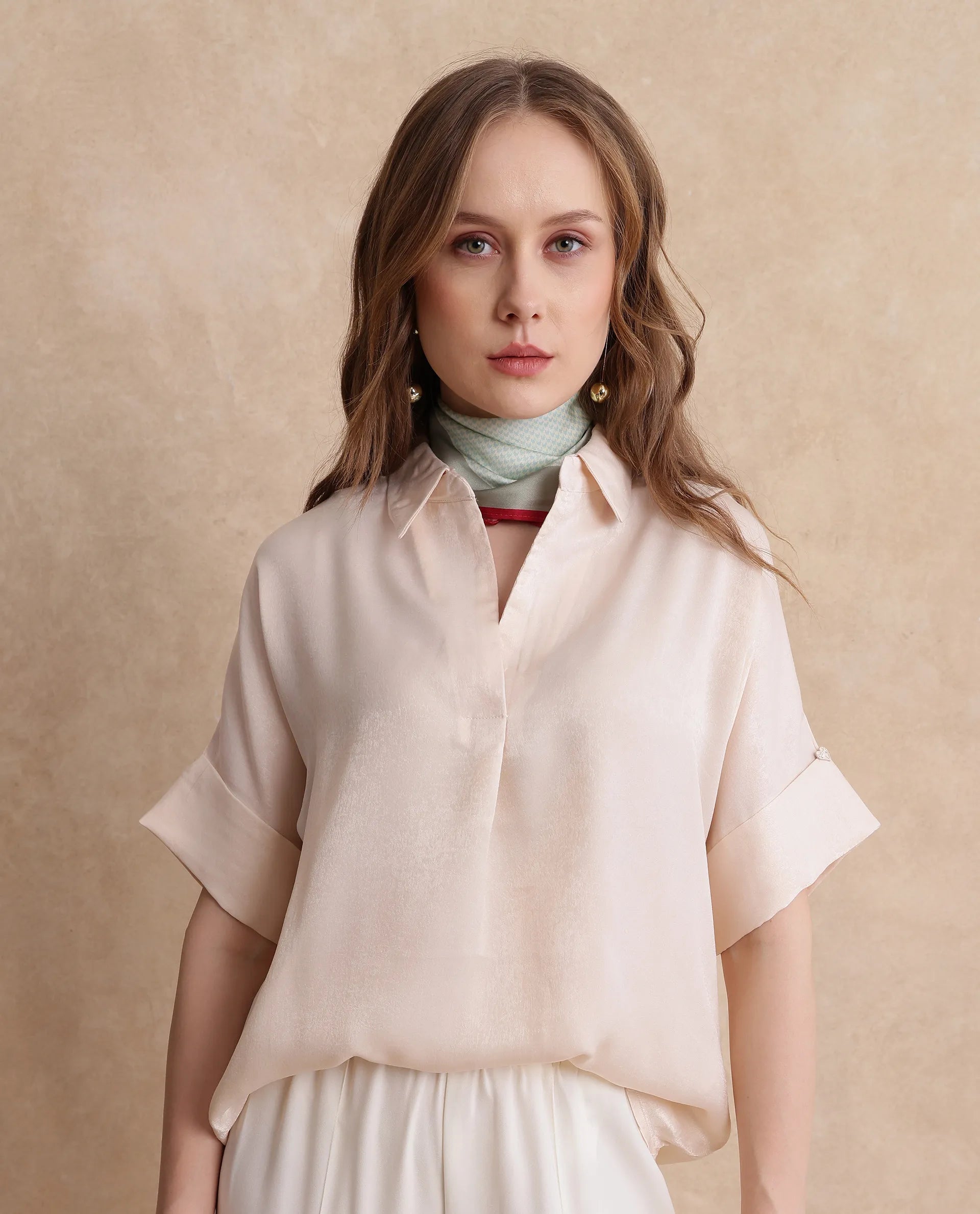 Rareism Women Lamona-T Beige Satin Extended Sleeves Collared Neck Boxy Fit Plain Top