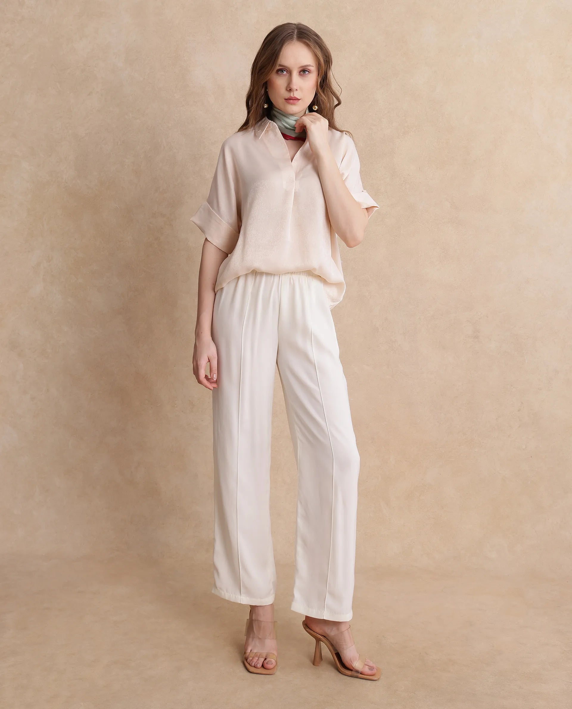 Rareism Women Lamona-T Beige Satin Extended Sleeves Collared Neck Boxy Fit Plain Top