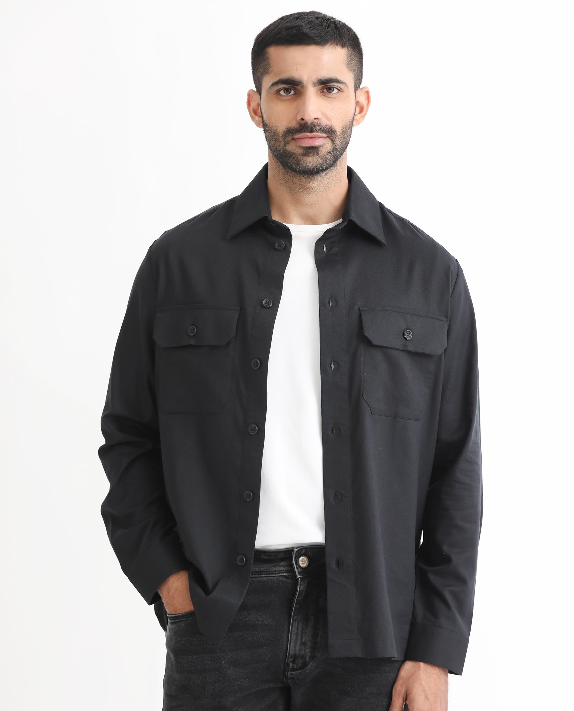 Rare Rabbit Men's Lampil Black Cotton Fabric Full Sleeves Solid Shirt