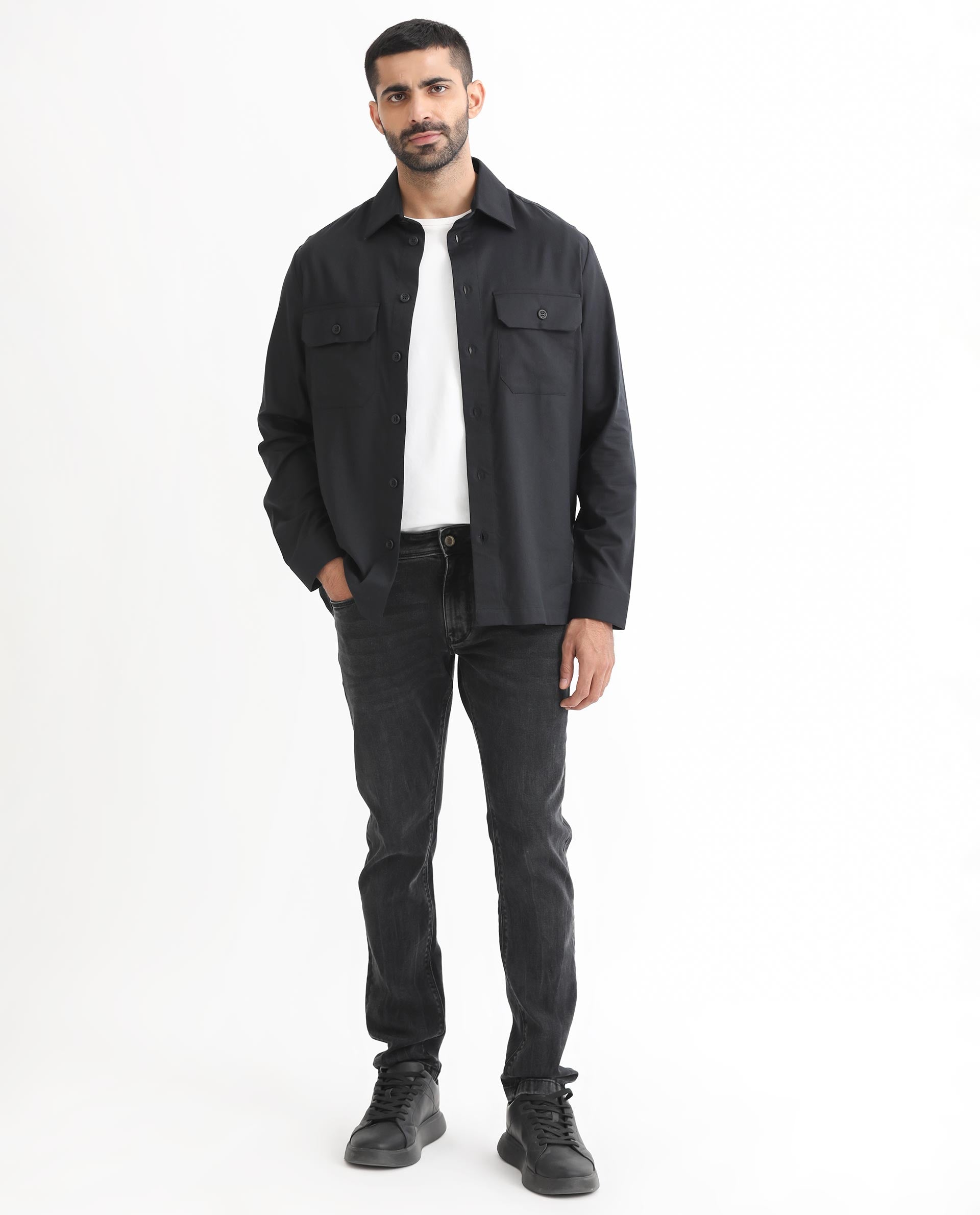 Rare Rabbit Men's Lampil Black Cotton Fabric Full Sleeves Solid Shirt