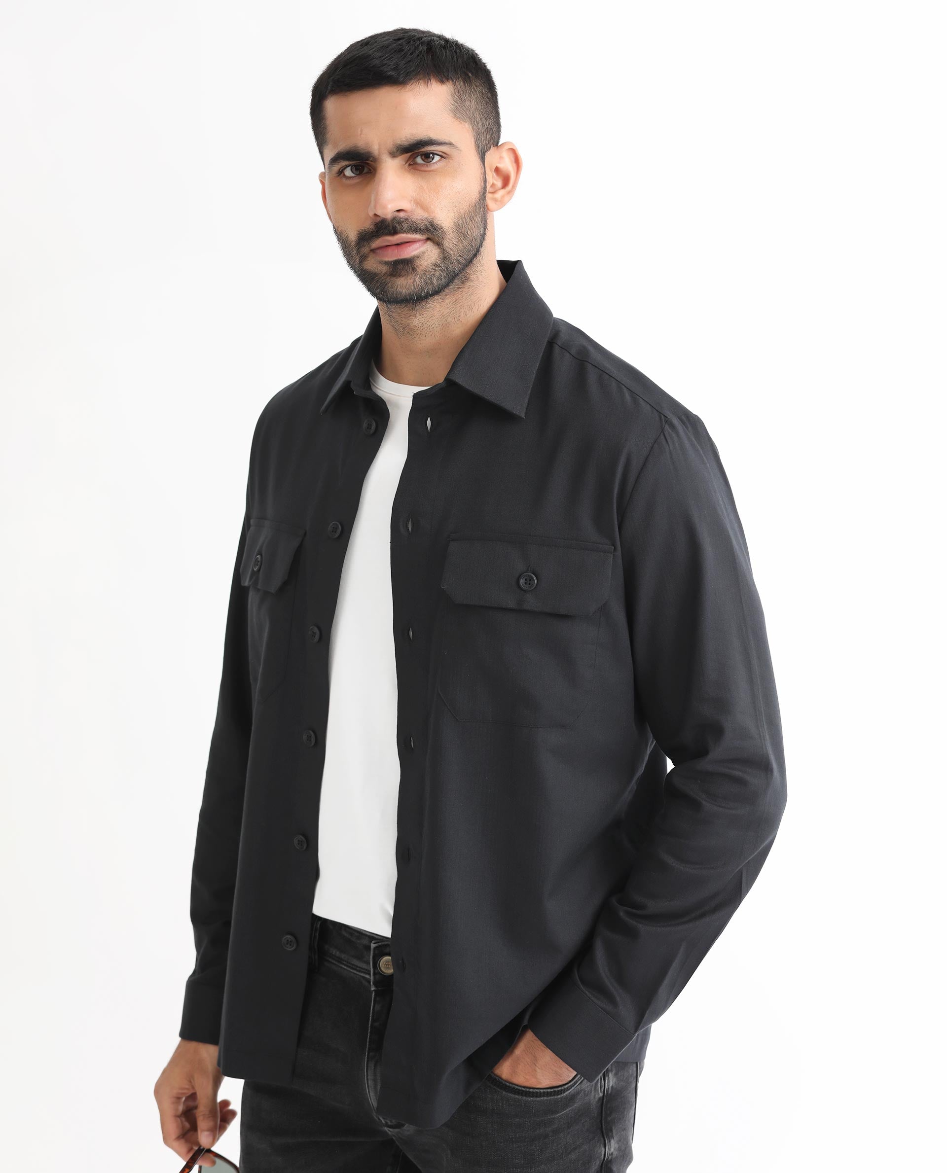 Rare Rabbit Men's Lampil Black Cotton Fabric Full Sleeves Solid Shirt