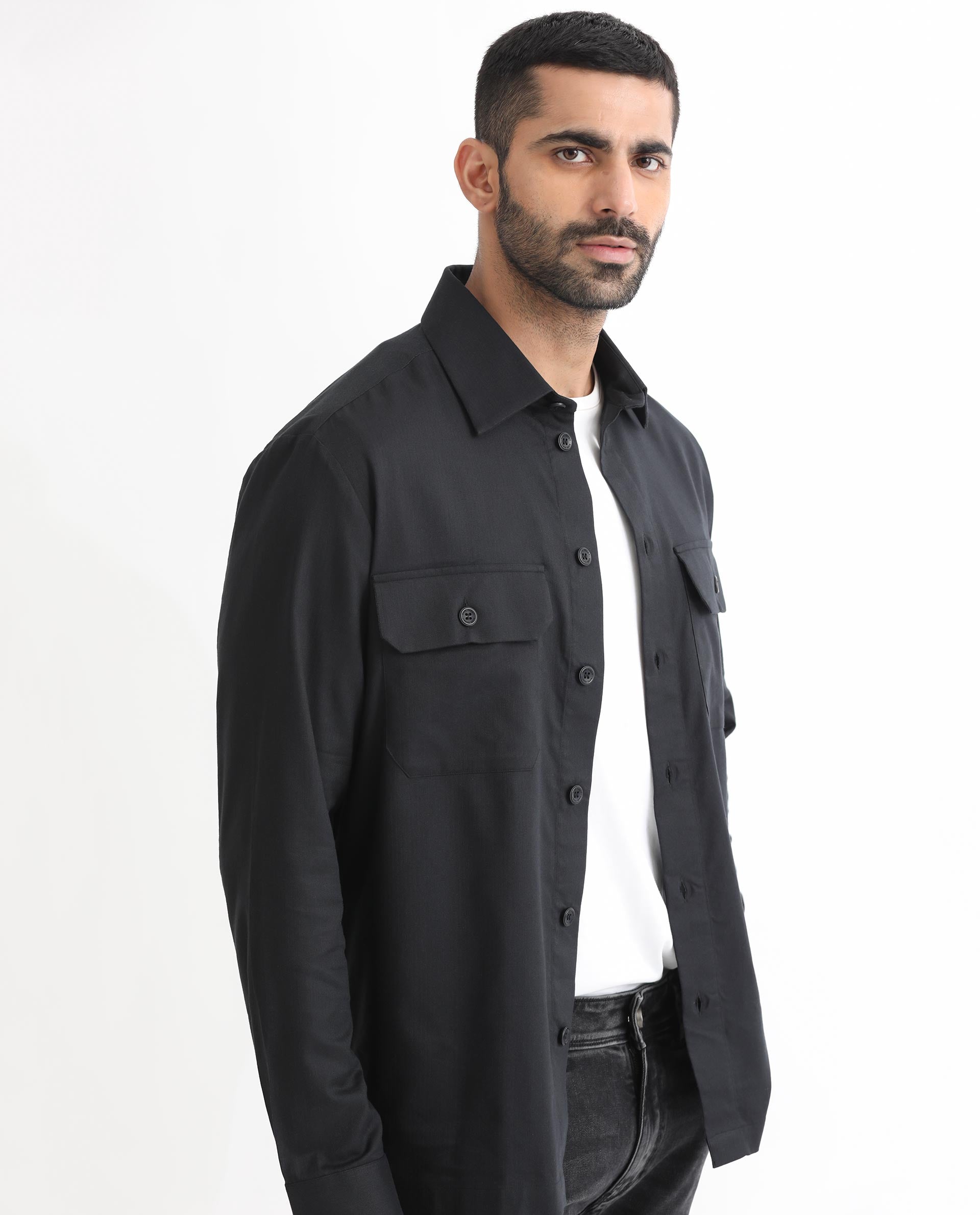 Rare Rabbit Men's Lampil Black Cotton Fabric Full Sleeves Solid Shirt