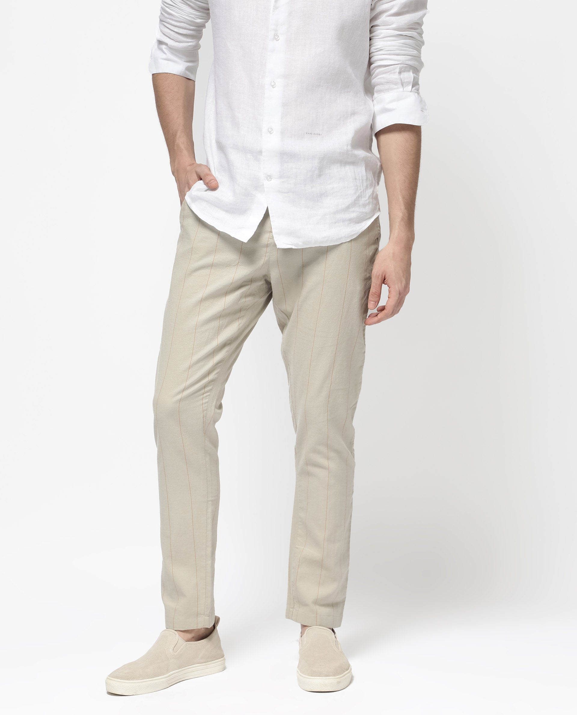 Rare Rabbit Mens Lanac Beige Cotton Striped Drawstring Closure Trouser