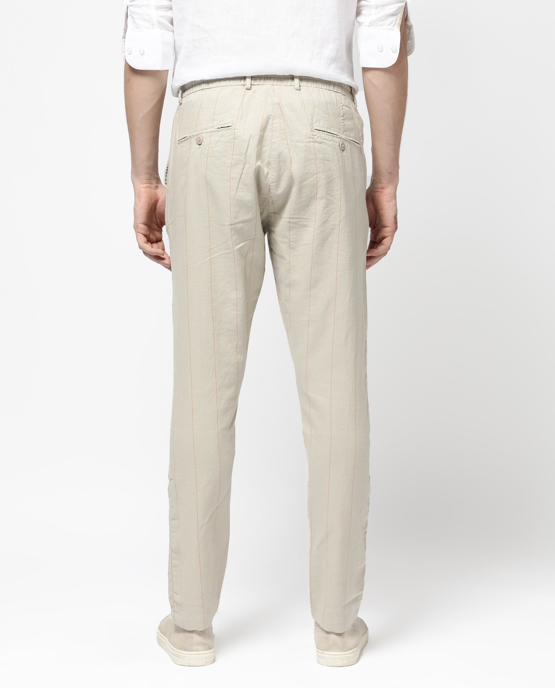 Rare Rabbit Mens Lanac Beige Cotton Striped Drawstring Closure Trouser