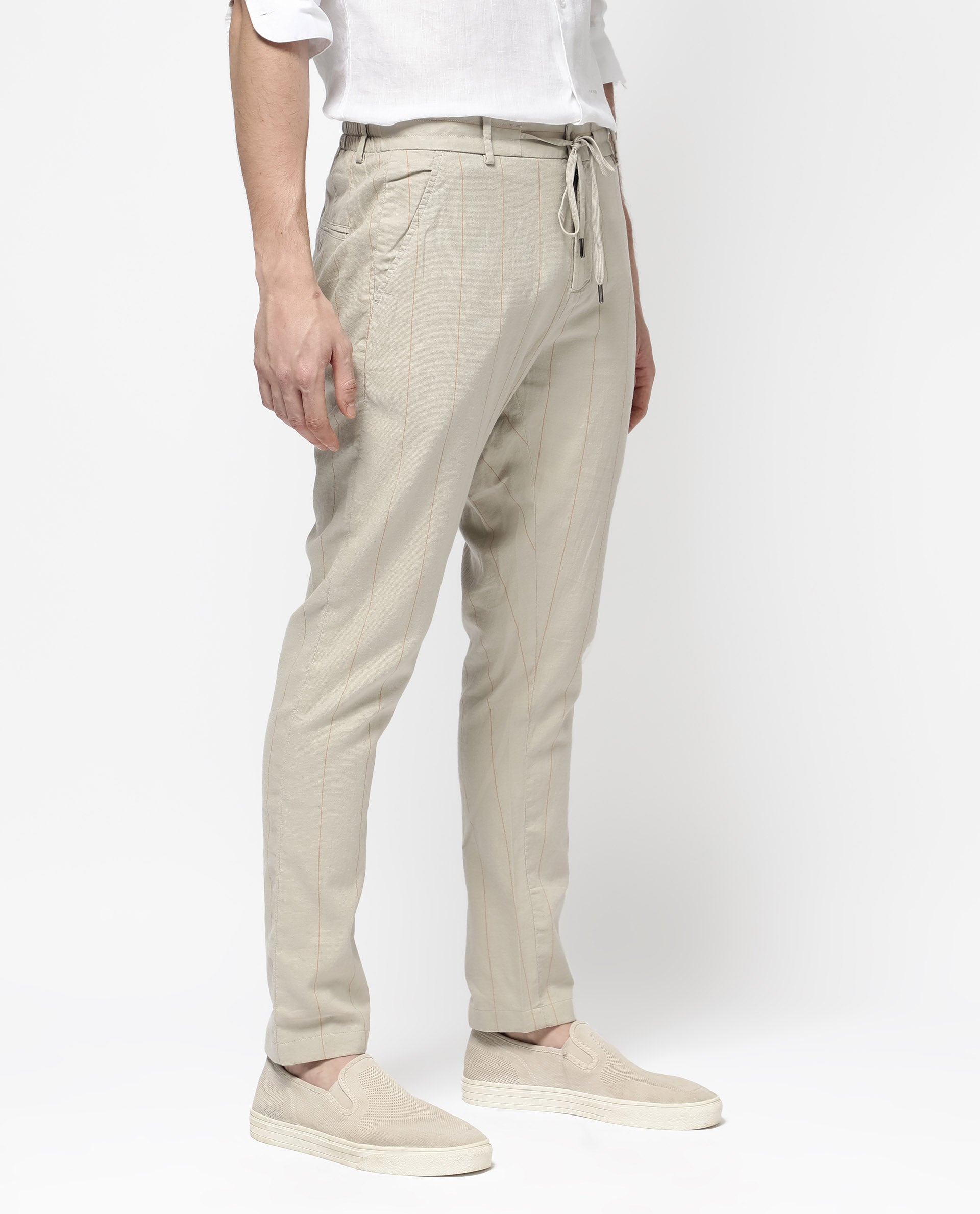 Rare Rabbit Mens Lanac Beige Cotton Striped Drawstring Closure Trouser