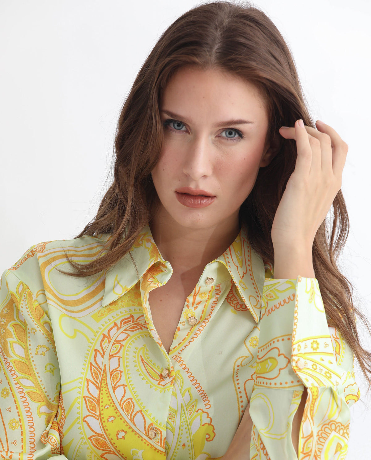 Rareism Women Lander Light Yellow Polyester Fabric Full Sleeves Button Closure Shirt Collar Regular Fit Paisley Print Top