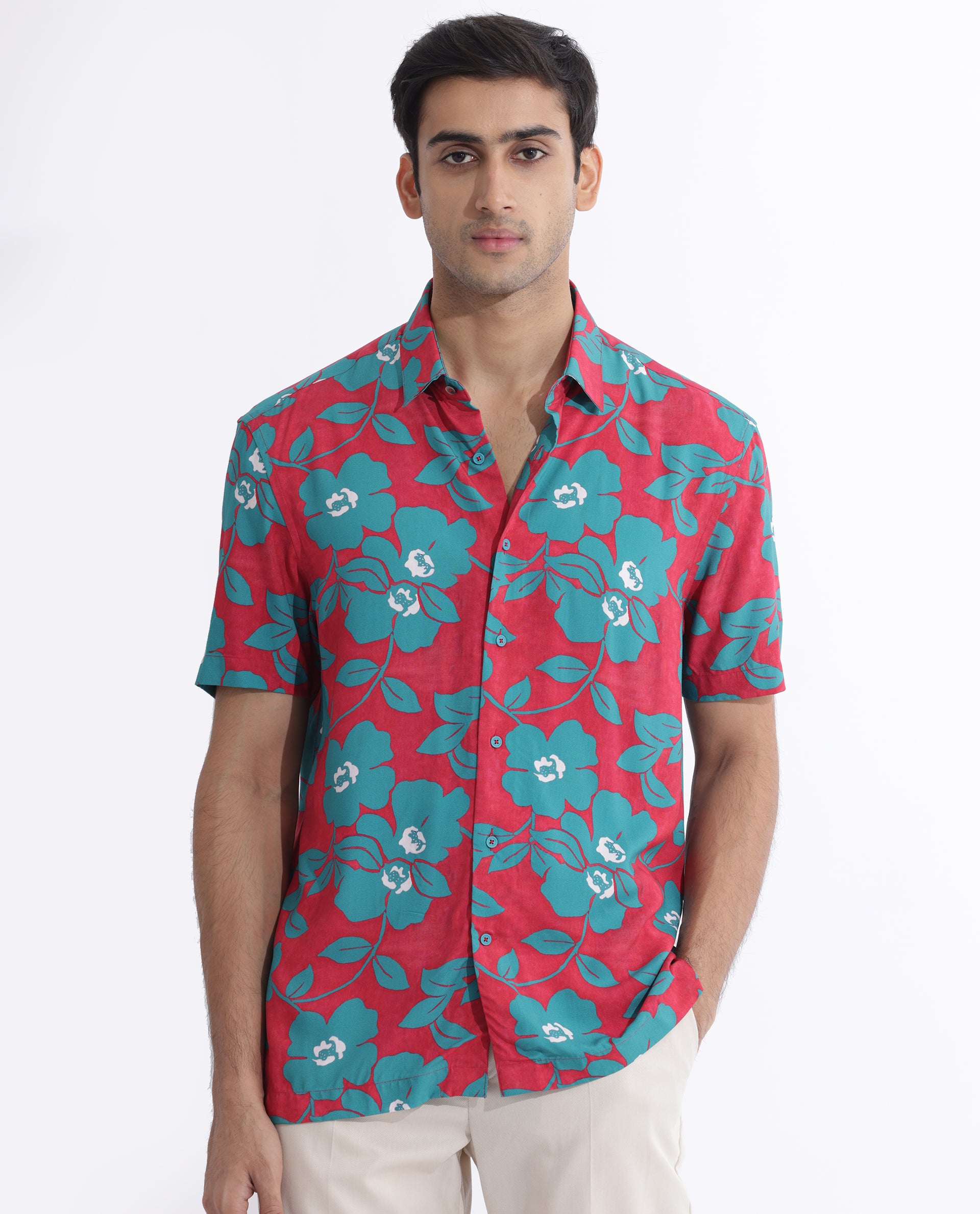 Rare Rabbit Men's Landon Dark Pink Floral Print Half Sleeves Shirt