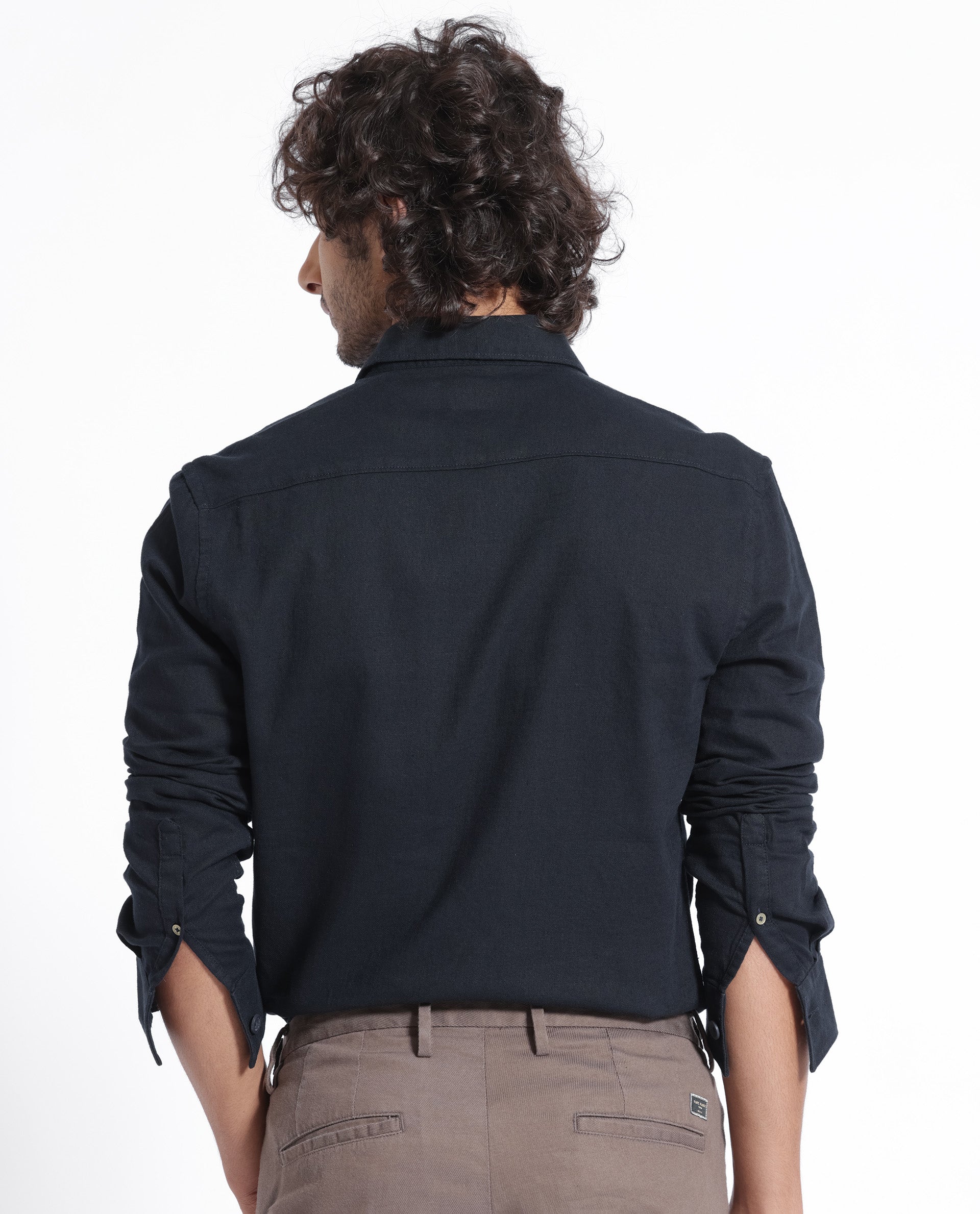 Rare Rabbit Men's Lang Navy Cotton Linen Fabric Full Sleeves Solid Shirt