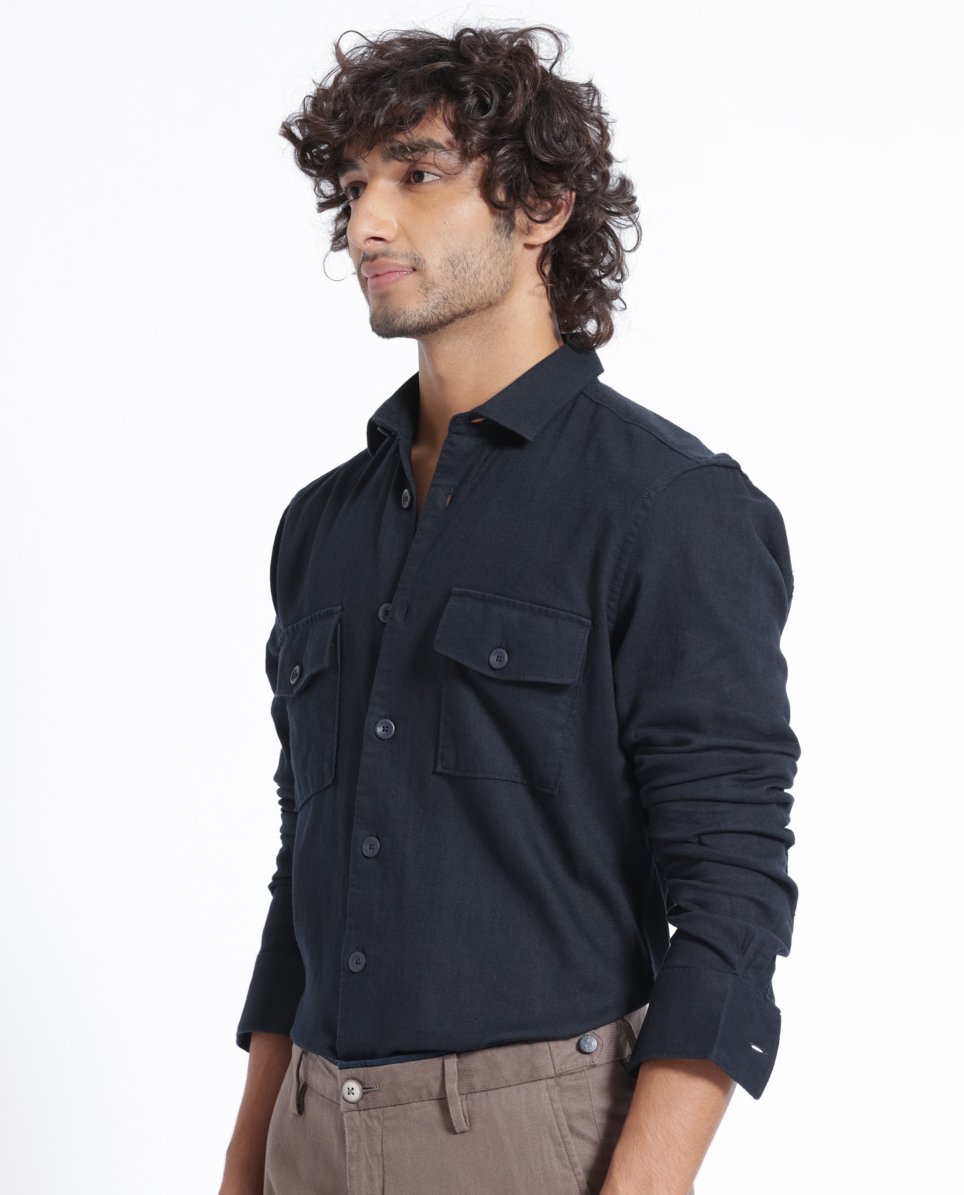 Rare Rabbit Men's Lang Navy Cotton Linen Fabric Full Sleeves Solid Shirt