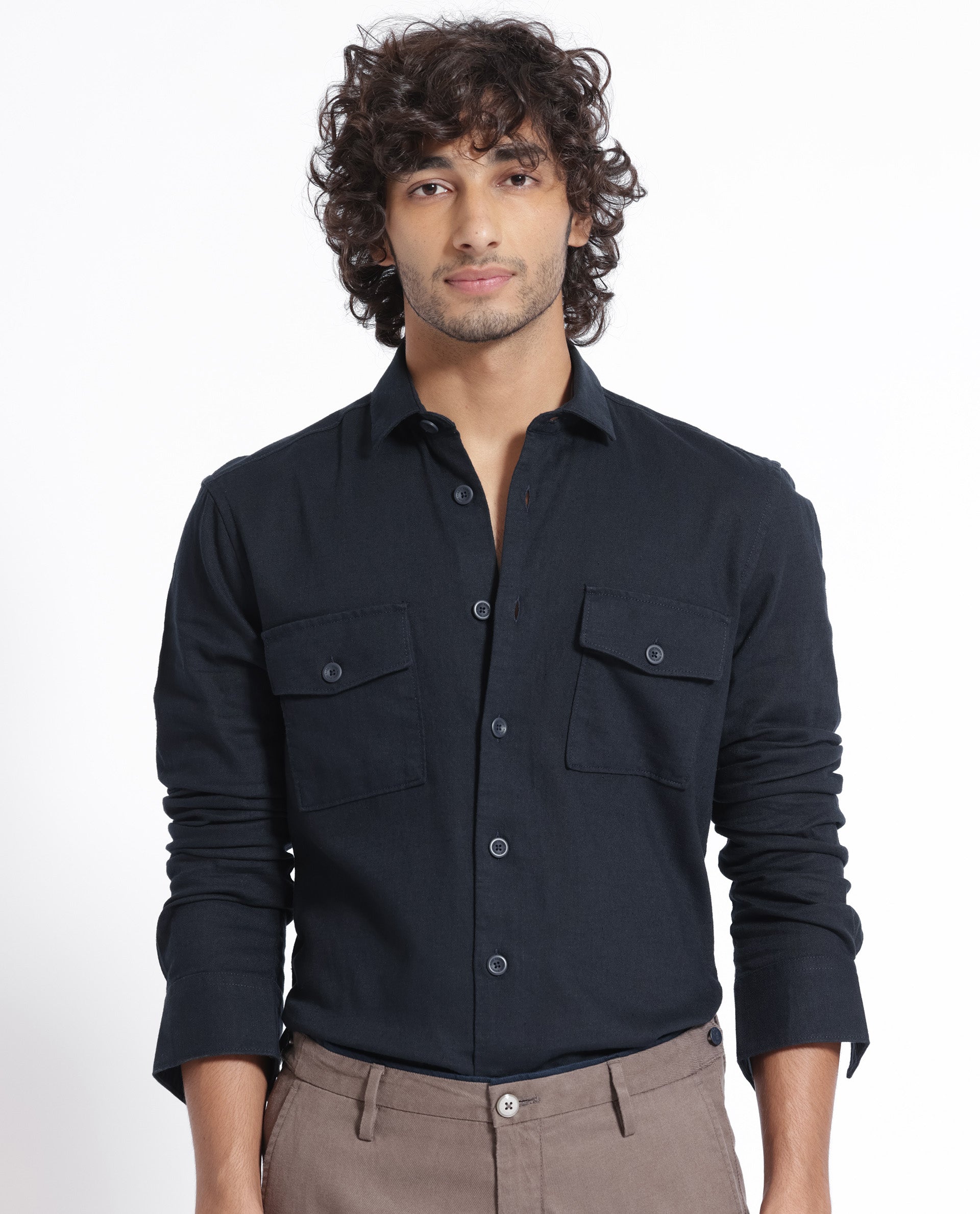 Rare Rabbit Men's Lang Navy Cotton Linen Fabric Full Sleeves Solid Shirt