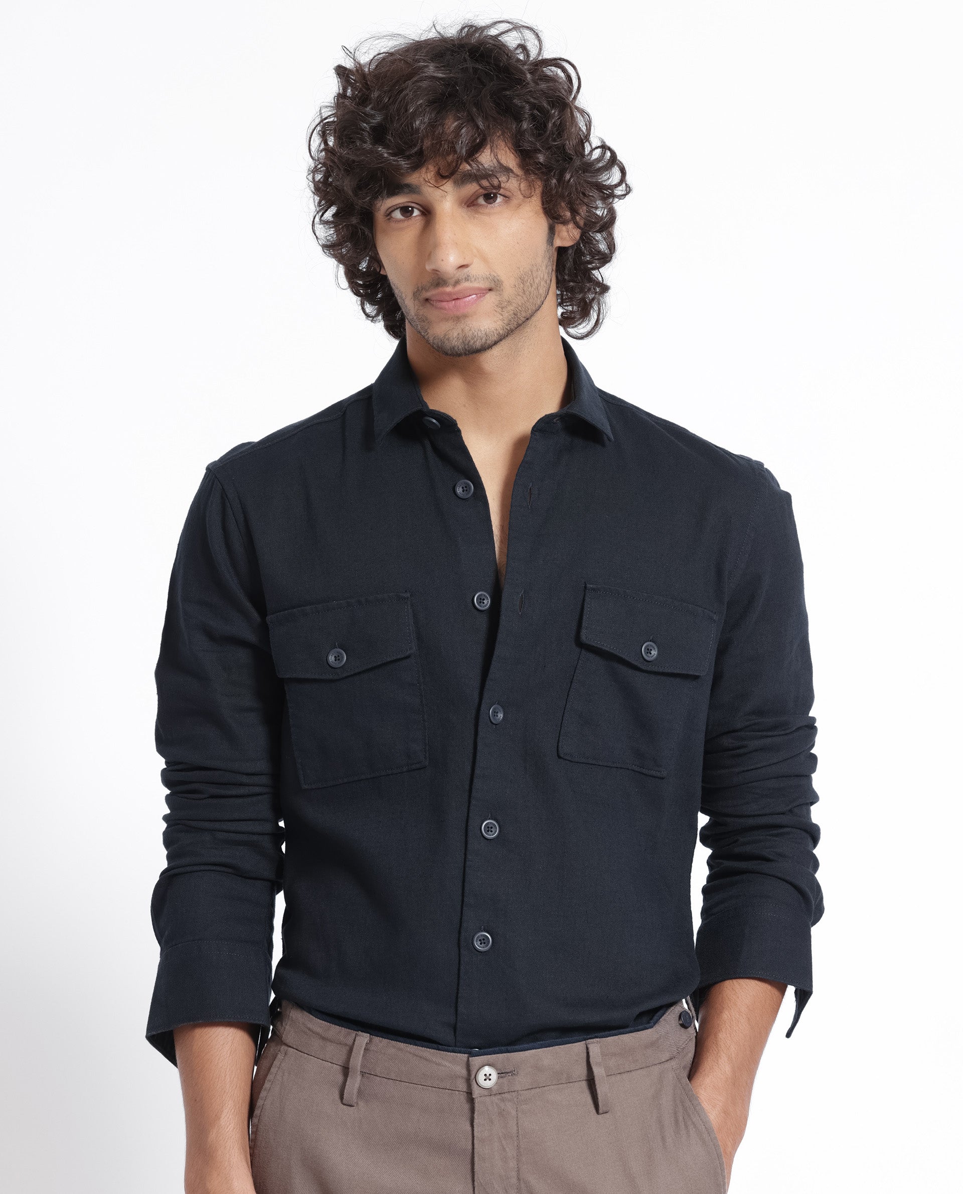 Rare Rabbit Men's Lang Navy Cotton Linen Fabric Full Sleeves Solid Shirt