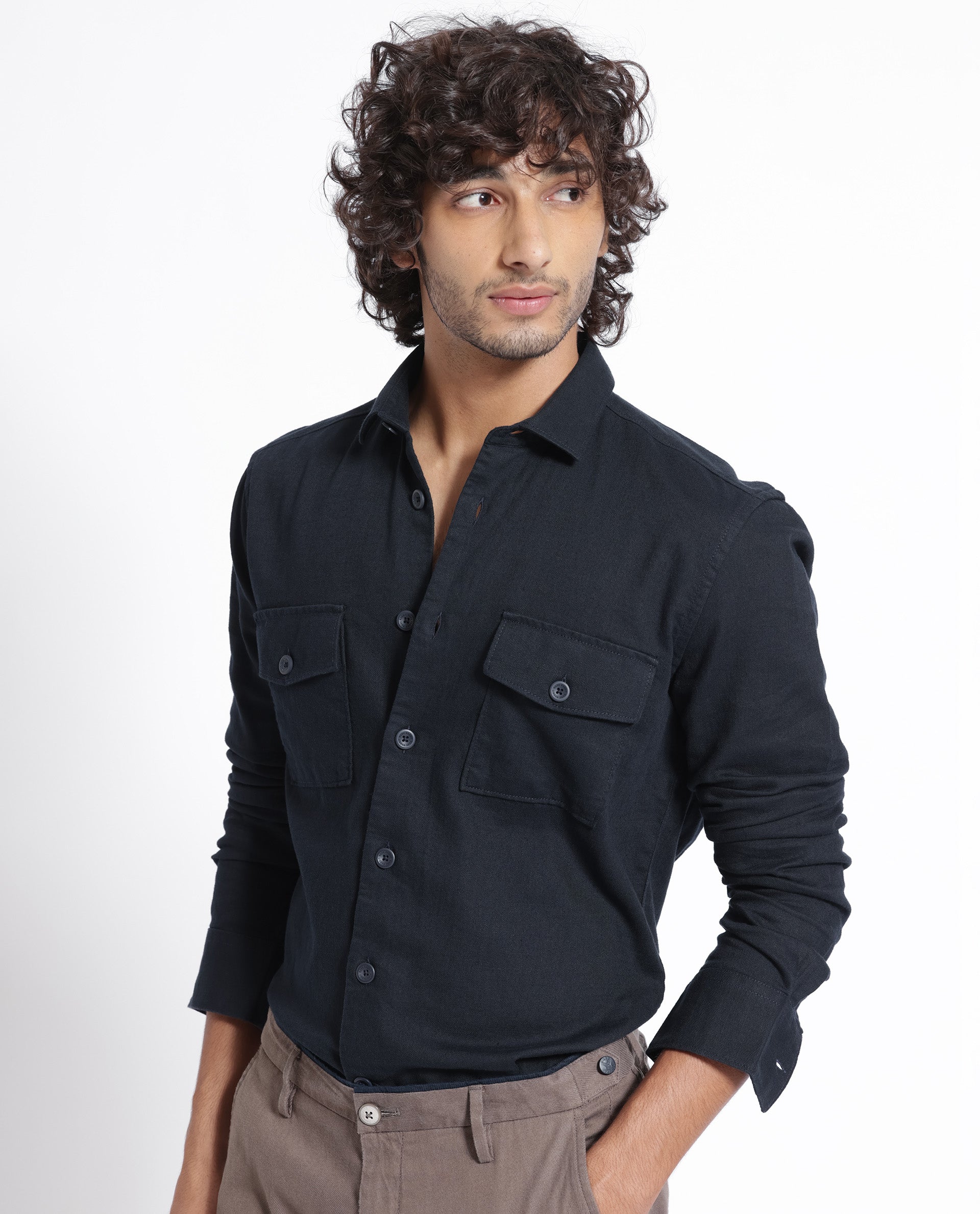 Rare Rabbit Men's Lang Navy Cotton Linen Fabric Full Sleeves Solid Shirt