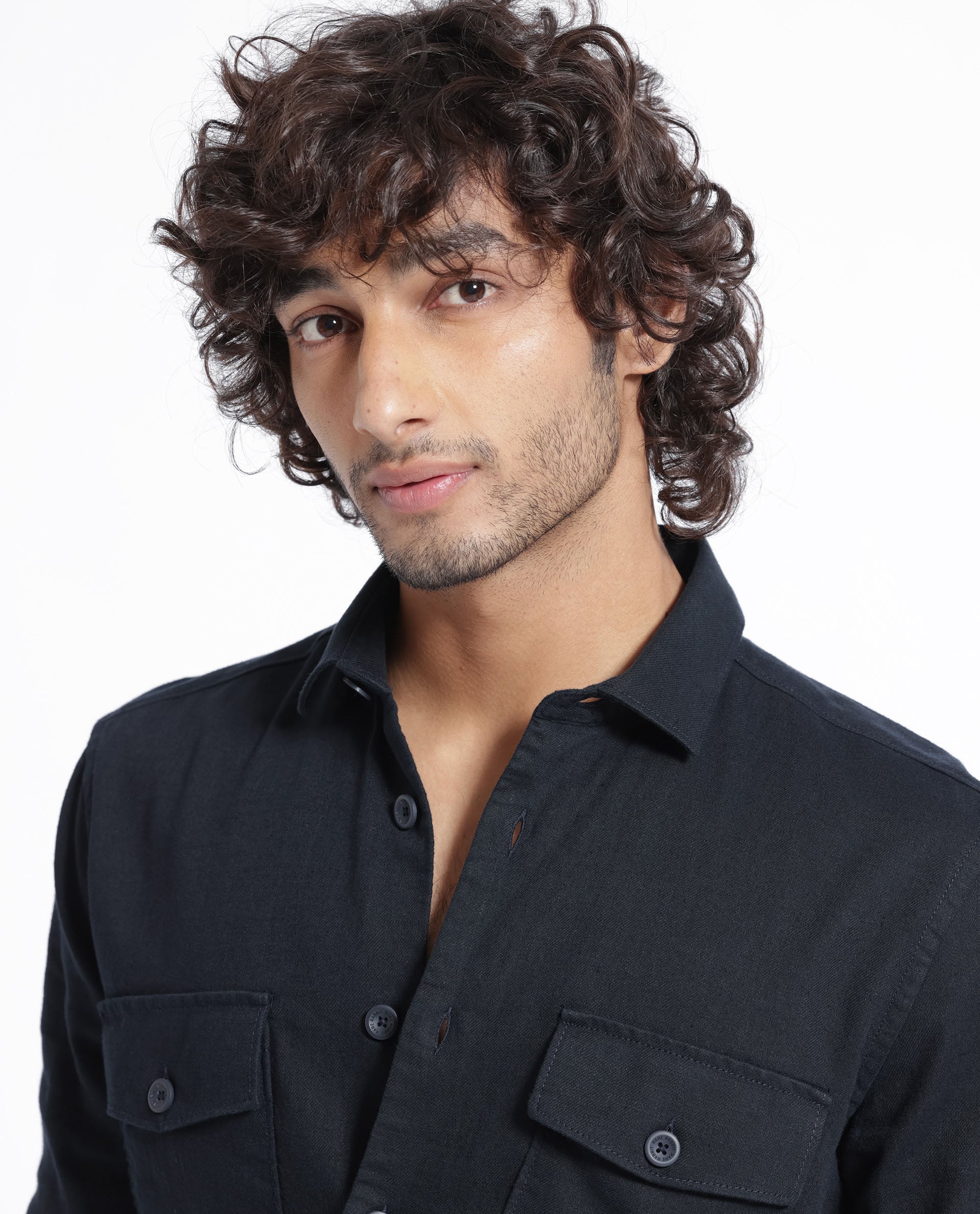 Rare Rabbit Men's Lang Navy Cotton Linen Fabric Full Sleeves Solid Shirt