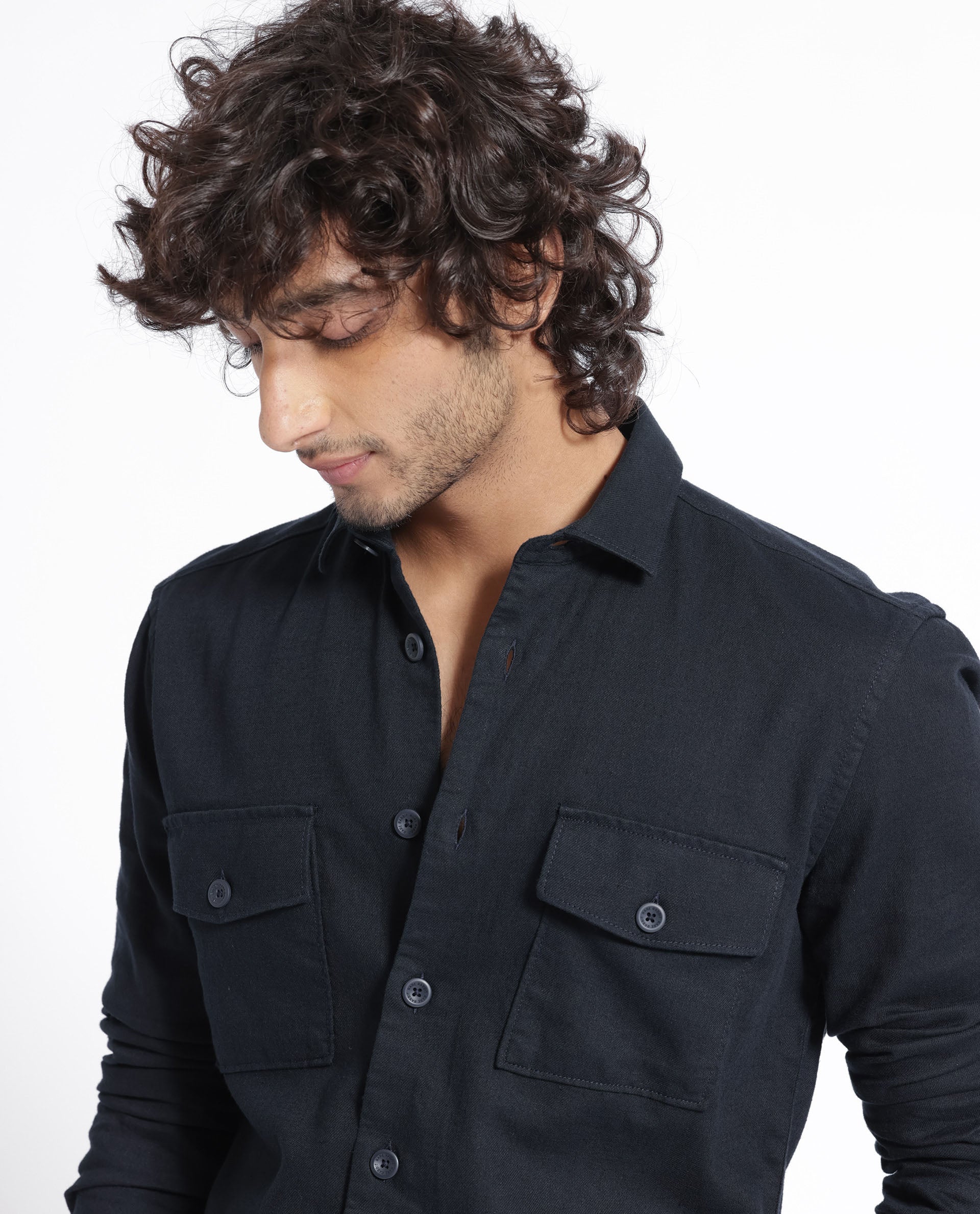 Rare Rabbit Men's Lang Navy Cotton Linen Fabric Full Sleeves Solid Shirt