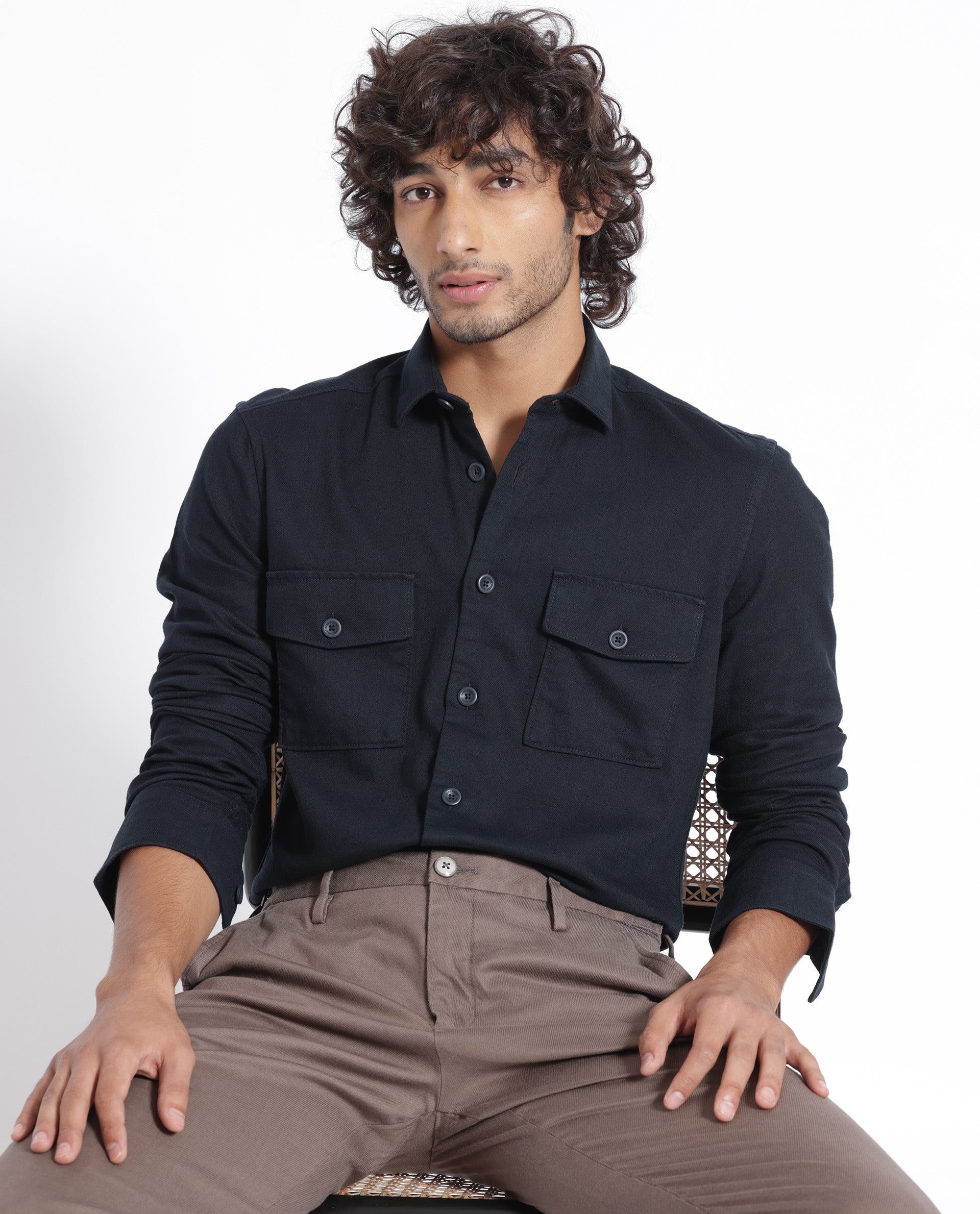 Rare Rabbit Men's Lang Navy Cotton Linen Fabric Full Sleeves Solid Shirt