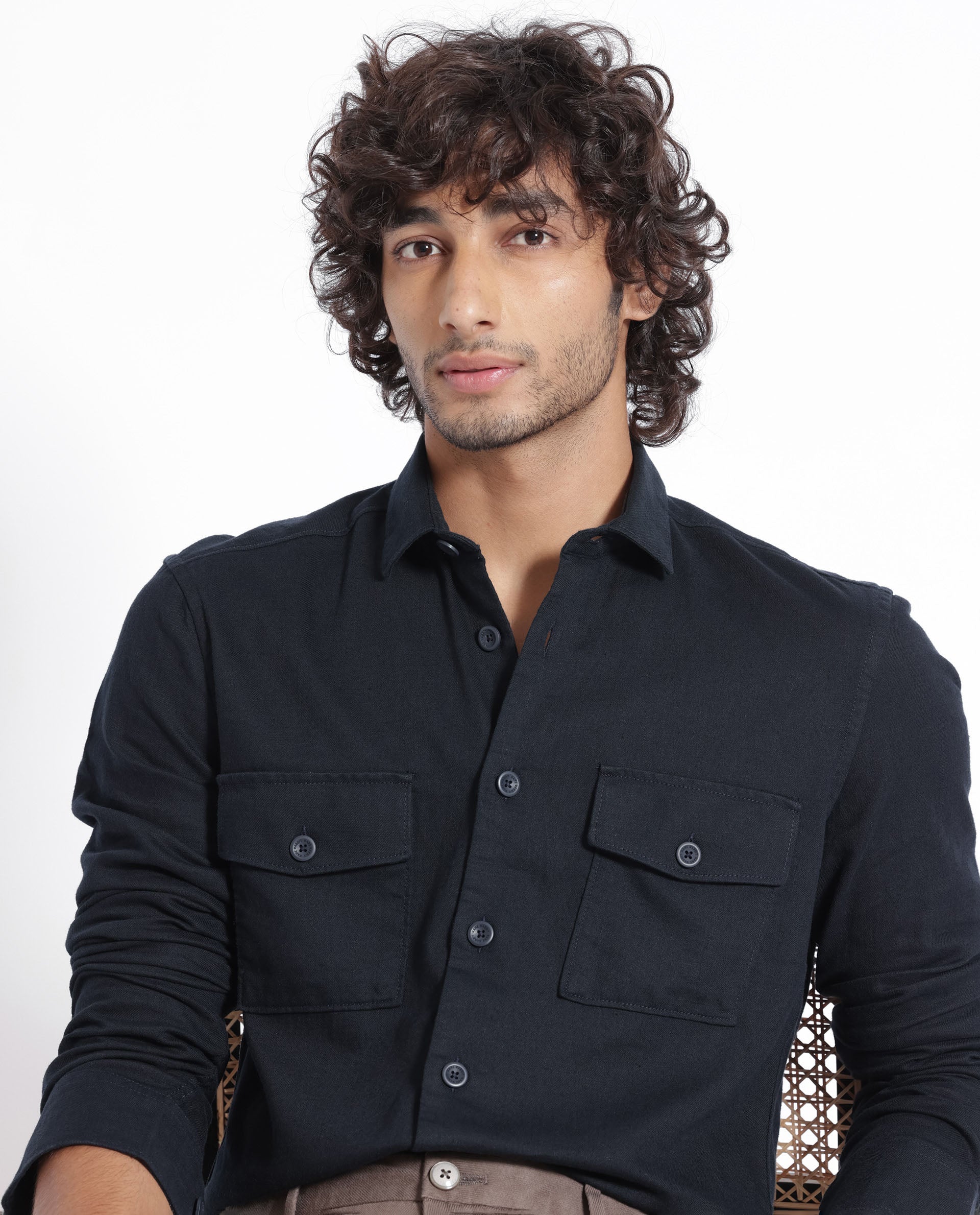 Rare Rabbit Men's Lang Navy Cotton Linen Fabric Full Sleeves Solid Shirt