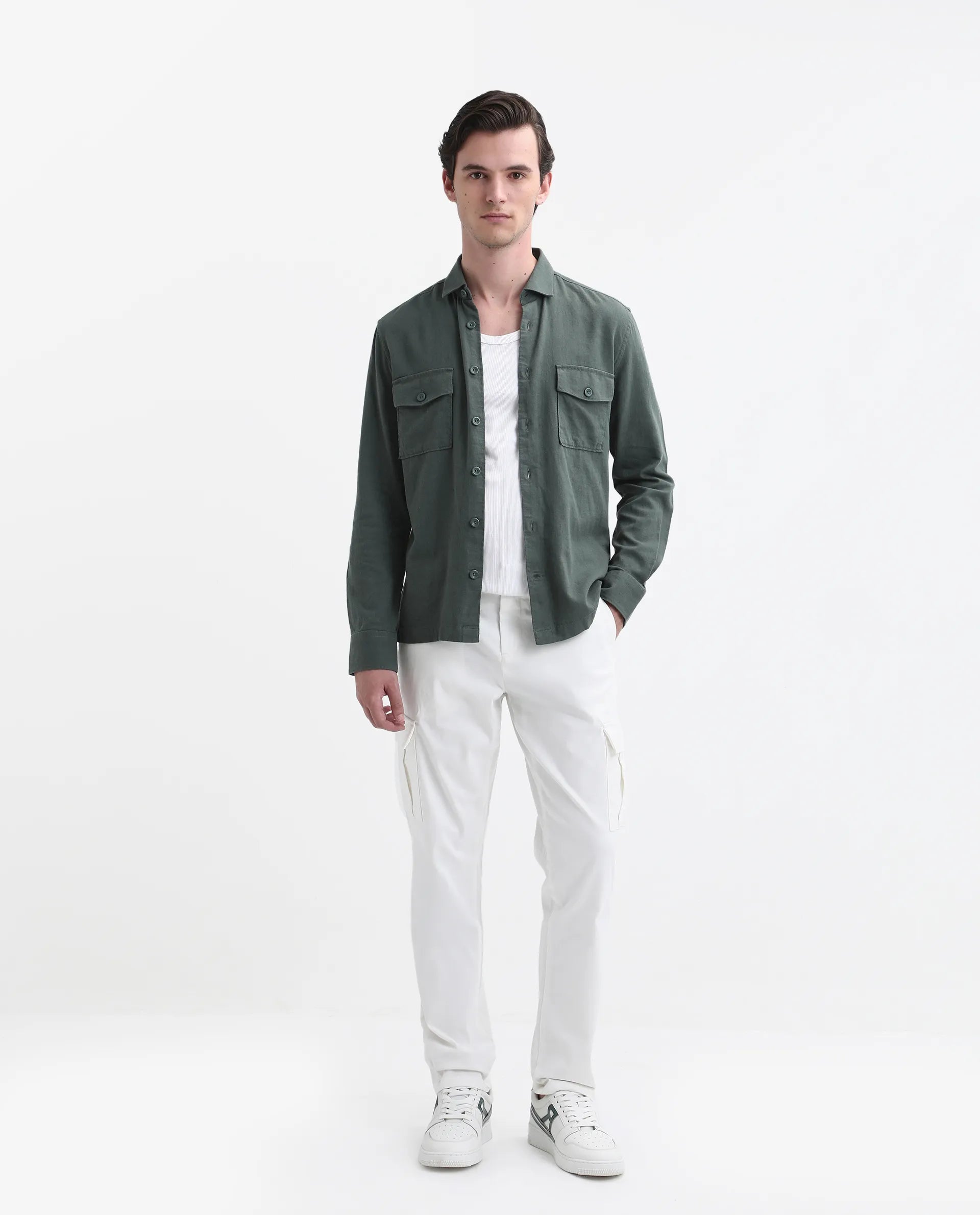 Rare Rabbit Men's Lang Dark Green Linen Blend Plain Regular Fit Full Sleeve Collared Shirt