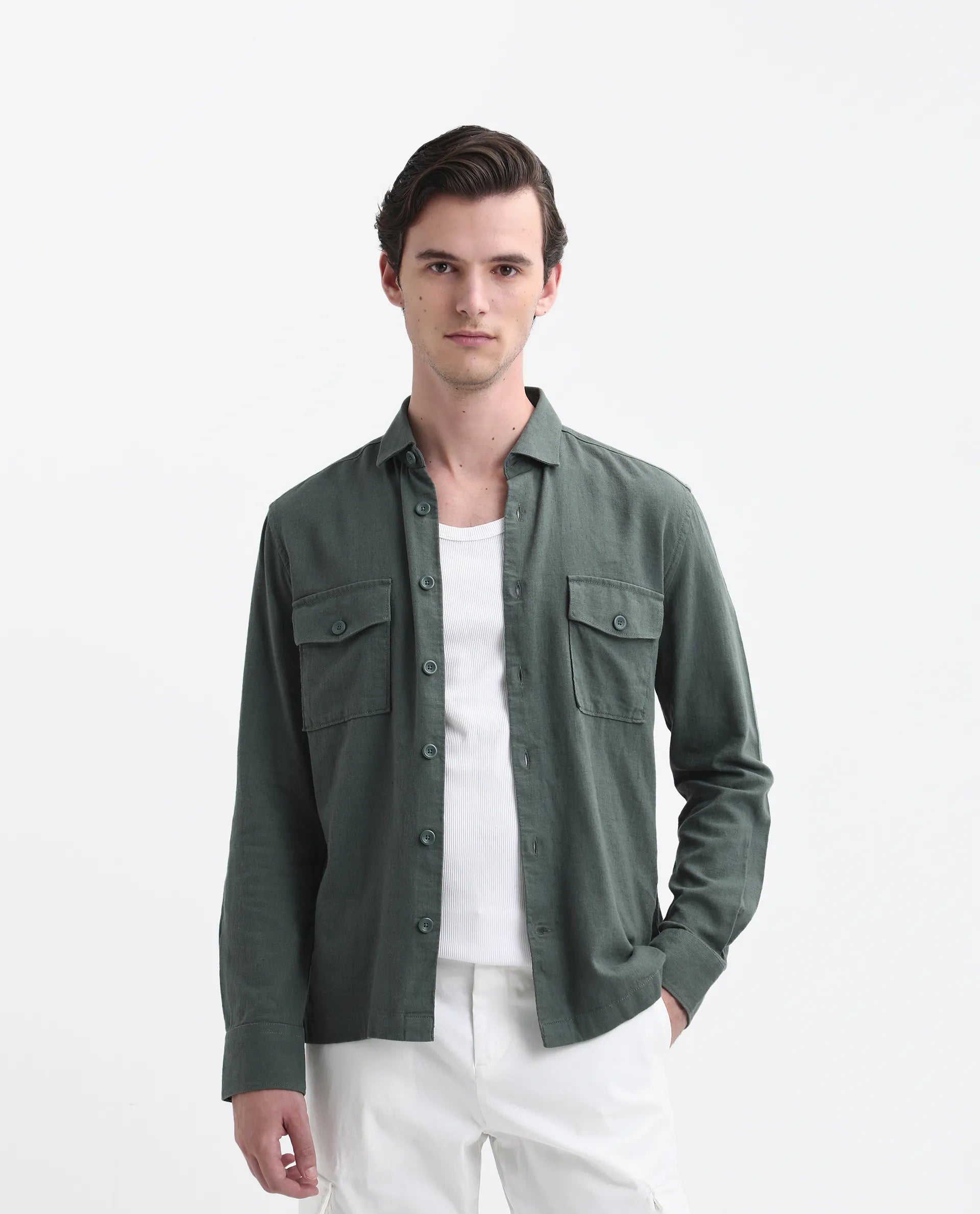 Rare Rabbit Men's Lang Dark Green Linen Blend Plain Regular Fit Full Sleeve Collared Shirt