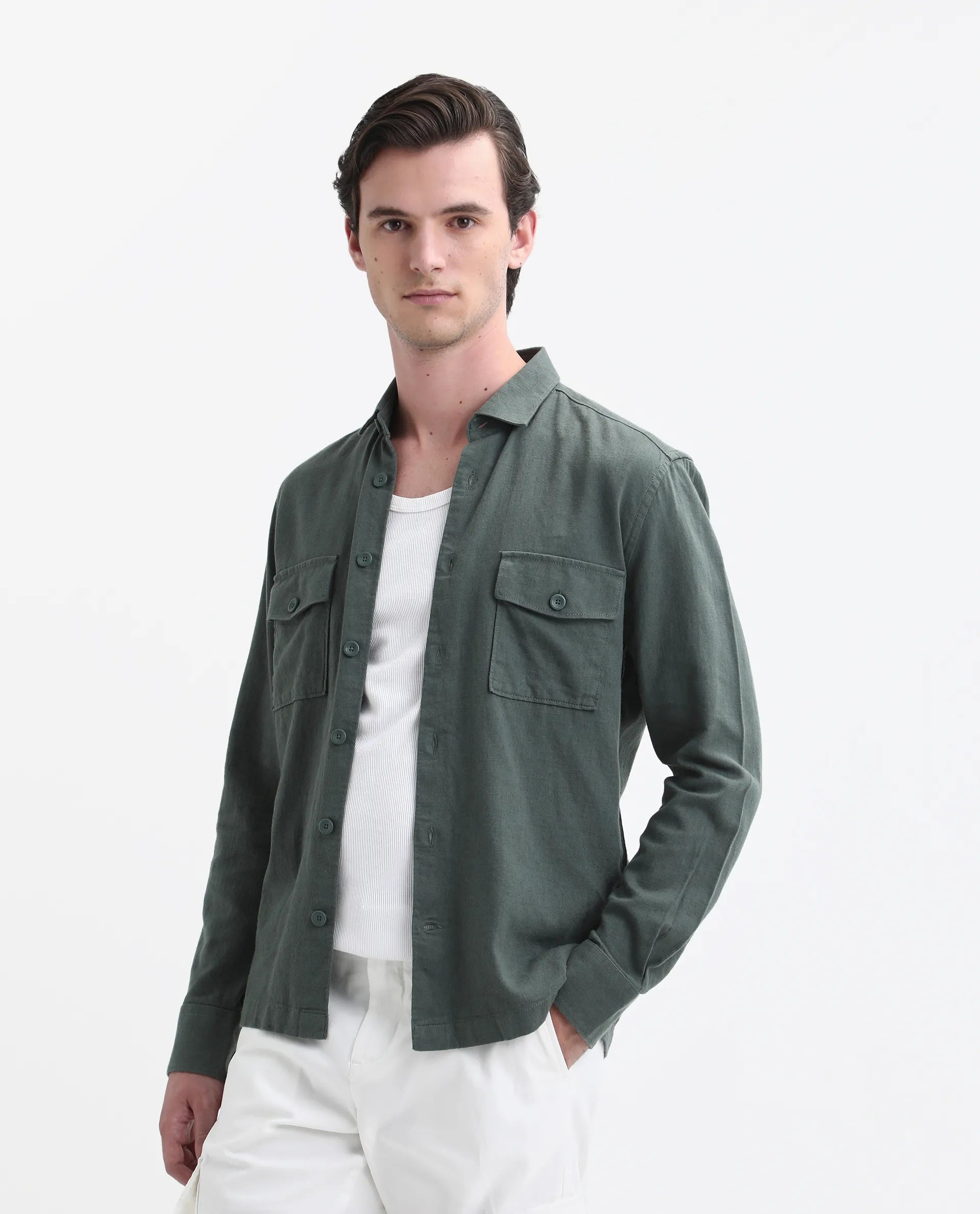 Rare Rabbit Men's Lang Dark Green Linen Blend Plain Regular Fit Full Sleeve Collared Shirt