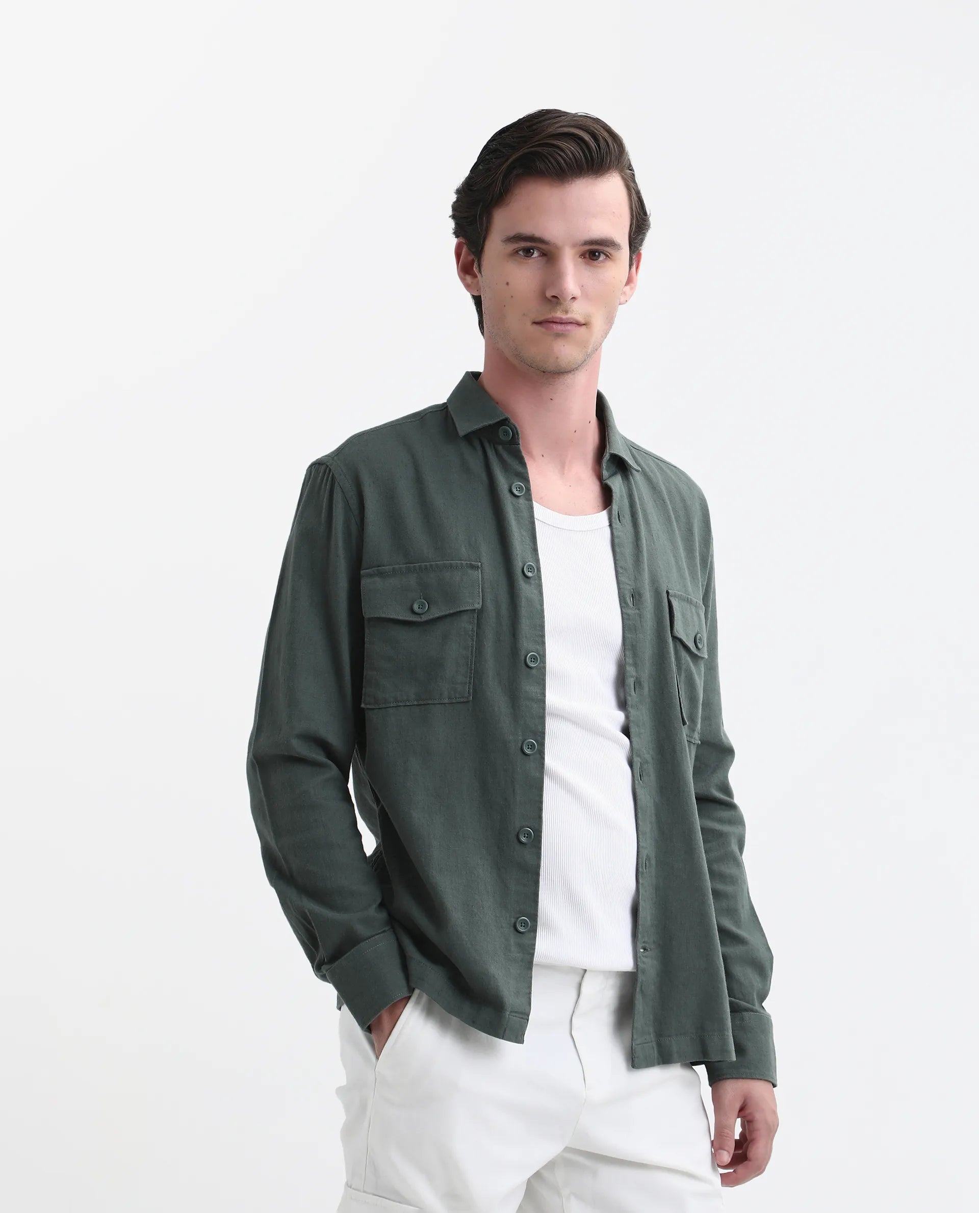 Rare Rabbit Men's Lang Dark Green Linen Blend Plain Regular Fit Full Sleeve Collared Shirt