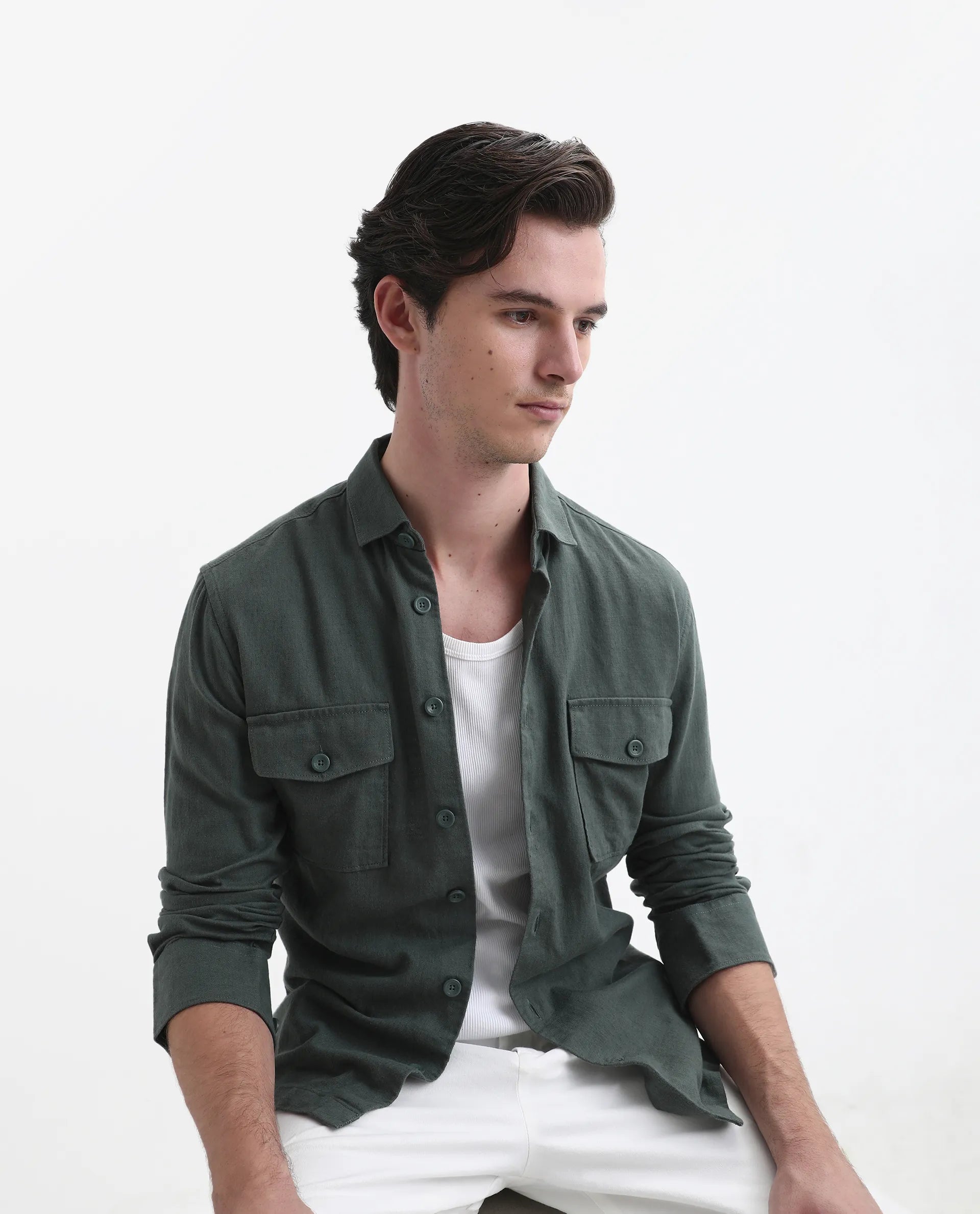 Rare Rabbit Men's Lang Dark Green Linen Blend Plain Regular Fit Full Sleeve Collared Shirt