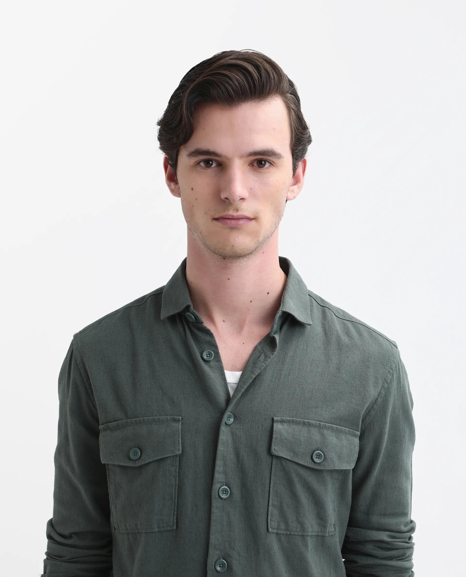 Rare Rabbit Men's Lang Dark Green Linen Blend Plain Regular Fit Full Sleeve Collared Shirt