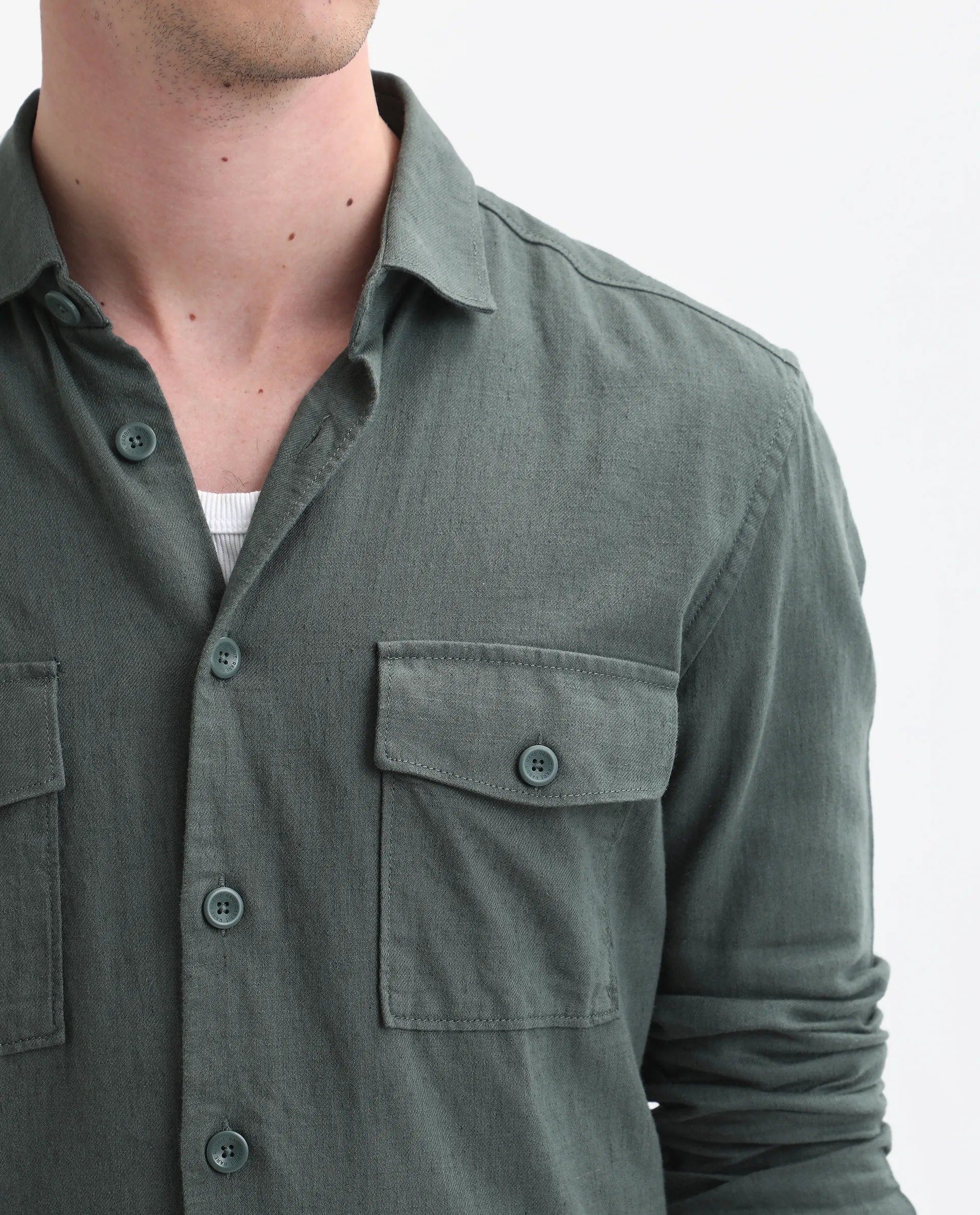 Rare Rabbit Men's Lang Dark Green Linen Blend Plain Regular Fit Full Sleeve Collared Shirt