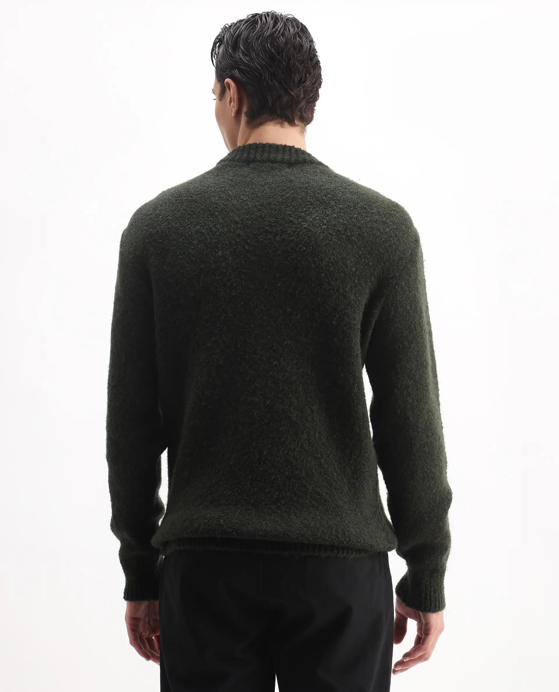 Rare Rabbit Men's Lang Dark Olive Cotton Printed Regular Fit Full Sleeve Crew Neck Sweater
