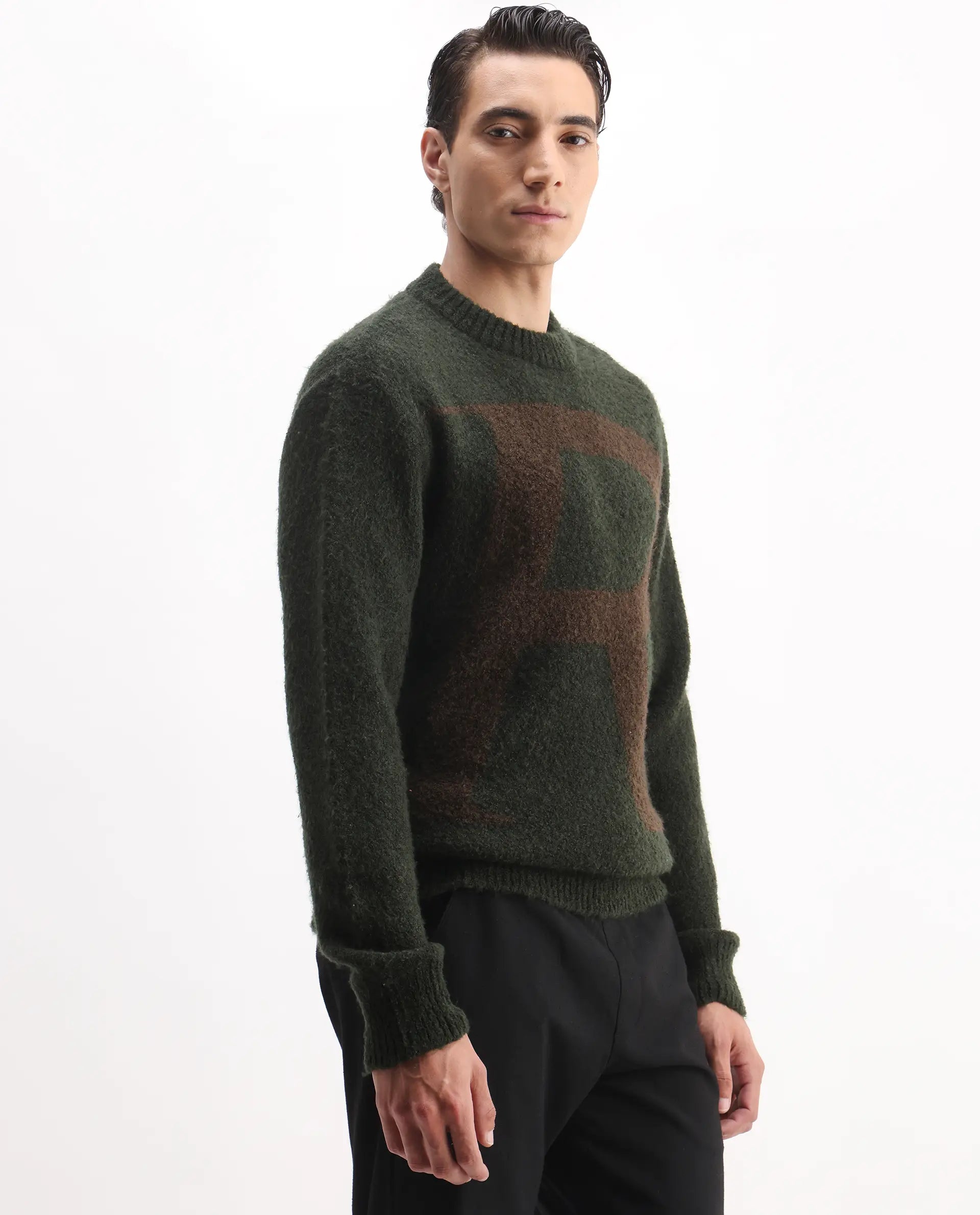 Rare Rabbit Men's Lang Dark Olive Cotton Printed Regular Fit Full Sleeve Crew Neck Sweater