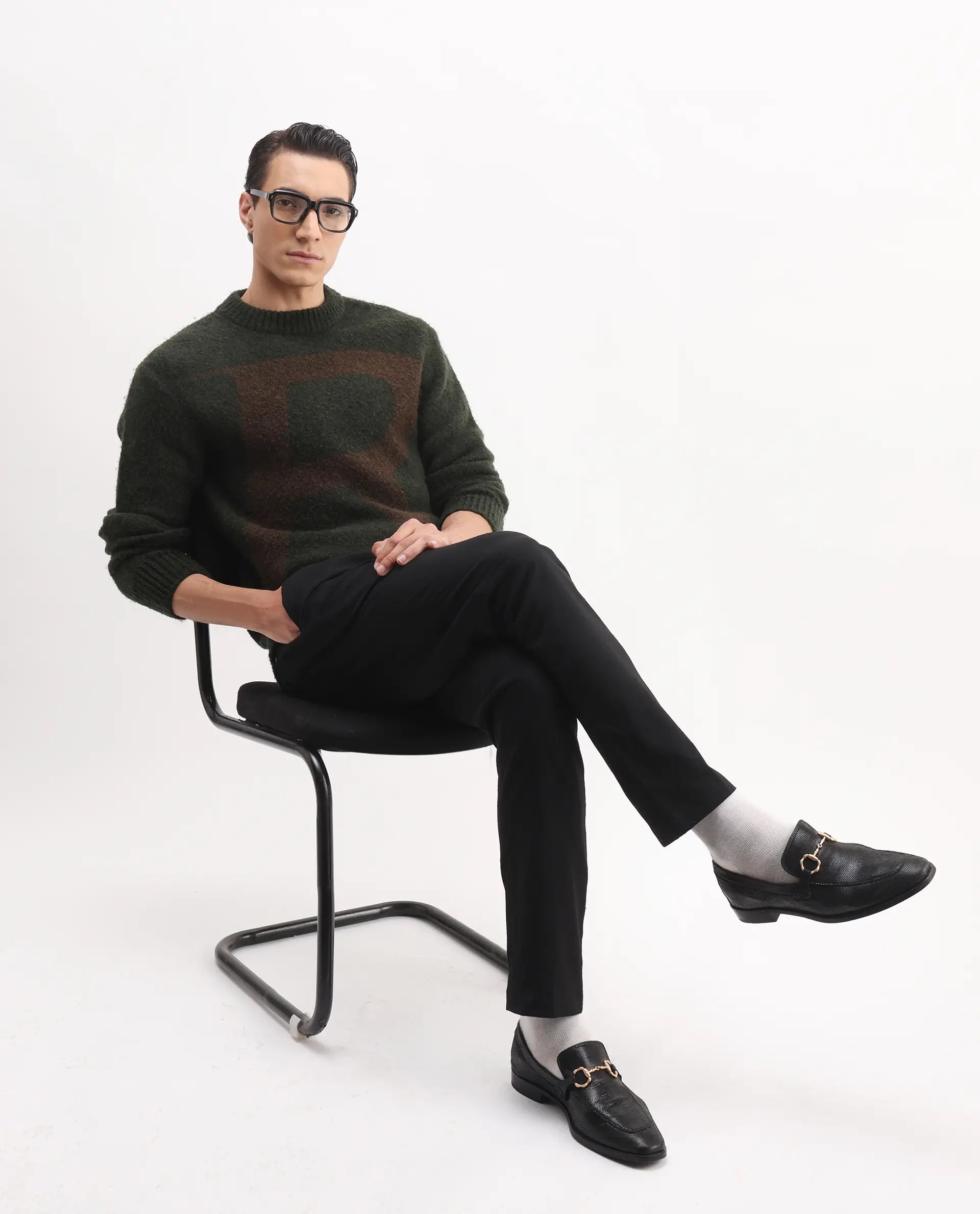 Rare Rabbit Men's Lang Dark Olive Cotton Printed Regular Fit Full Sleeve Crew Neck Sweater