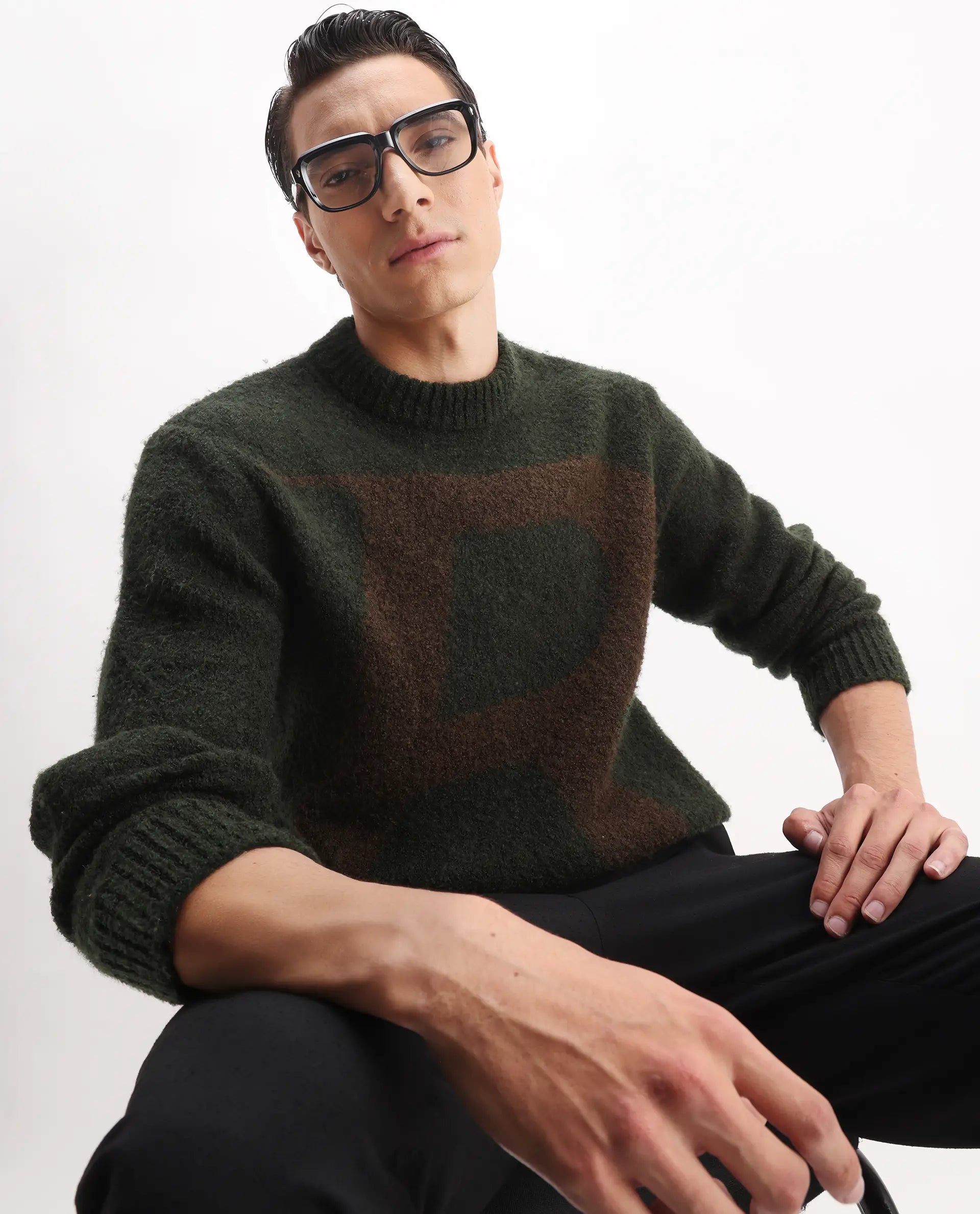 Rare Rabbit Men's Lang Dark Olive Cotton Printed Regular Fit Full Sleeve Crew Neck Sweater
