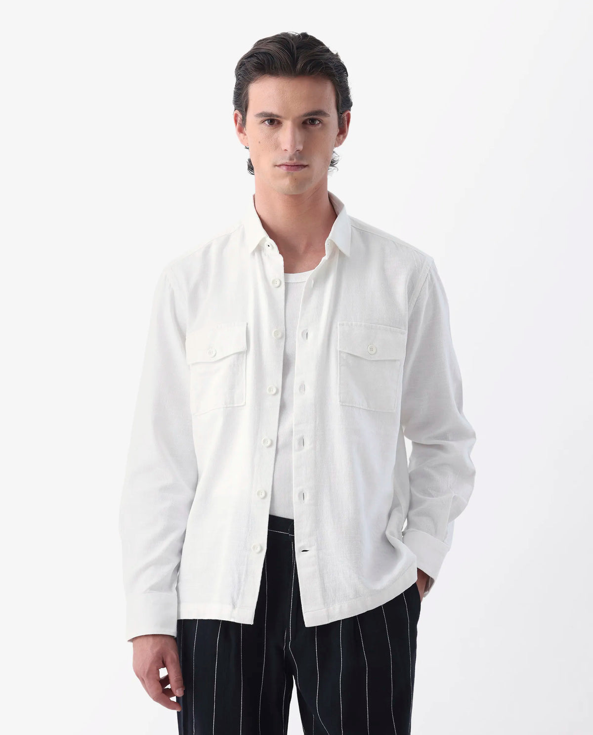 Rare Rabbit Men's Lang White Linen Blend Plain Regular Fit Full Sleeve Spread Collar Shirt