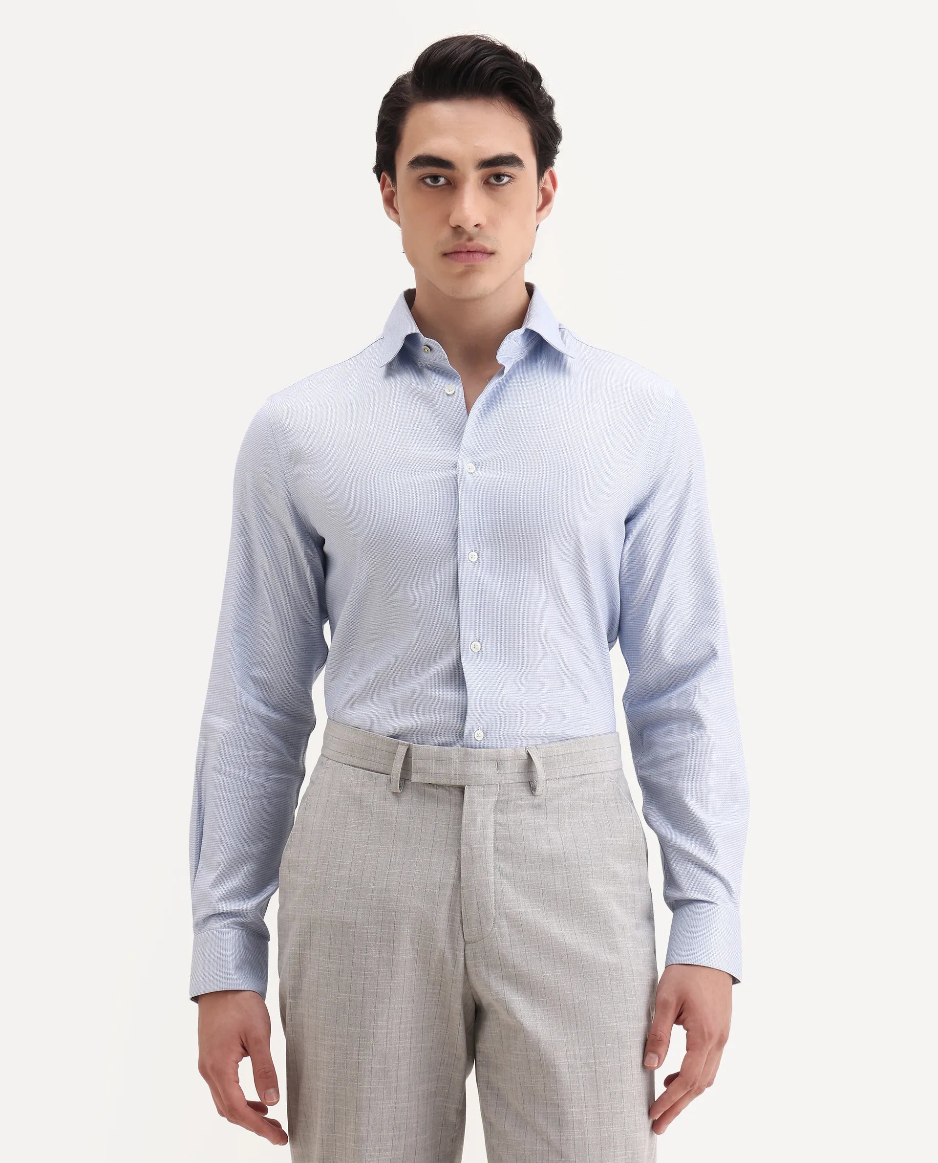 Rare Rabbit Men's Lanic-25 Blue Cotton Textured Regular Fit Full Sleeve Collared Shirt