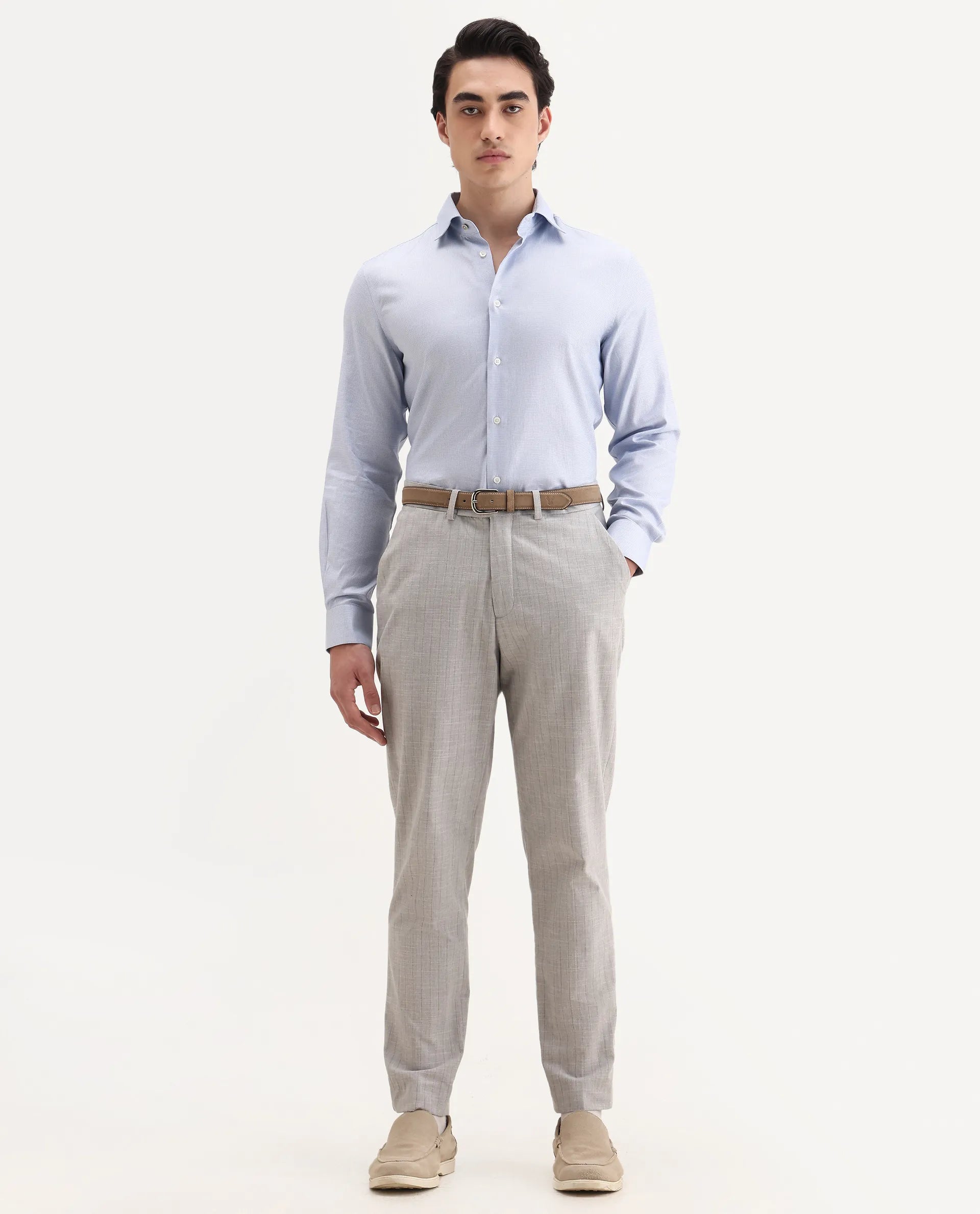 Rare Rabbit Men's Lanic-25 Blue Cotton Textured Regular Fit Full Sleeve Collared Shirt