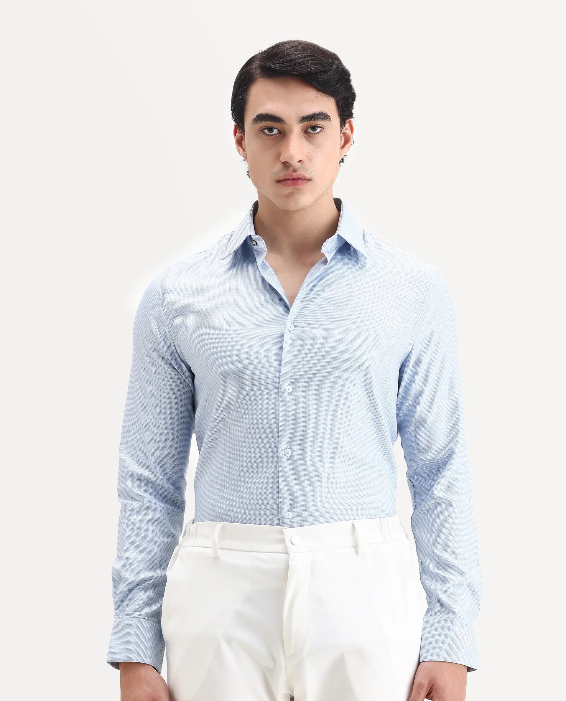 Rare Rabbit Men's Lanic Light Blue Cotton Textured Regular Fit Full Sleeve Collared Shirt