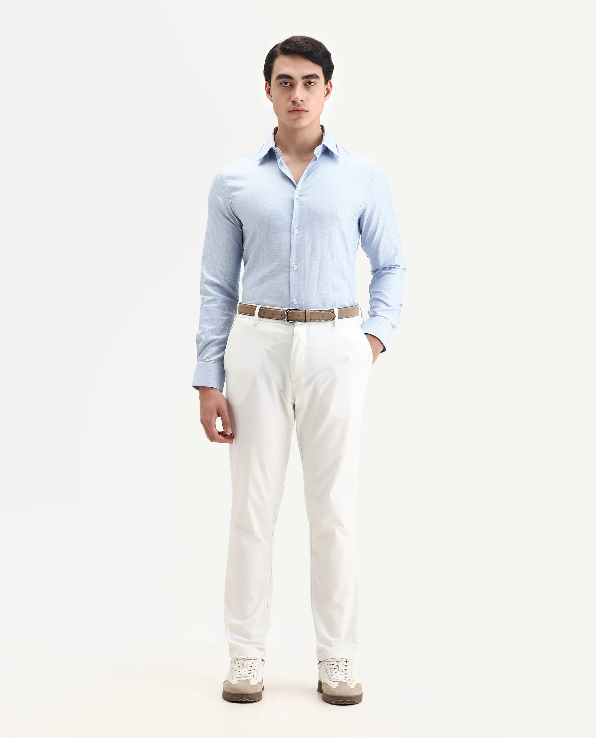 Rare Rabbit Men's Lanic Light Blue Cotton Textured Regular Fit Full Sleeve Collared Shirt