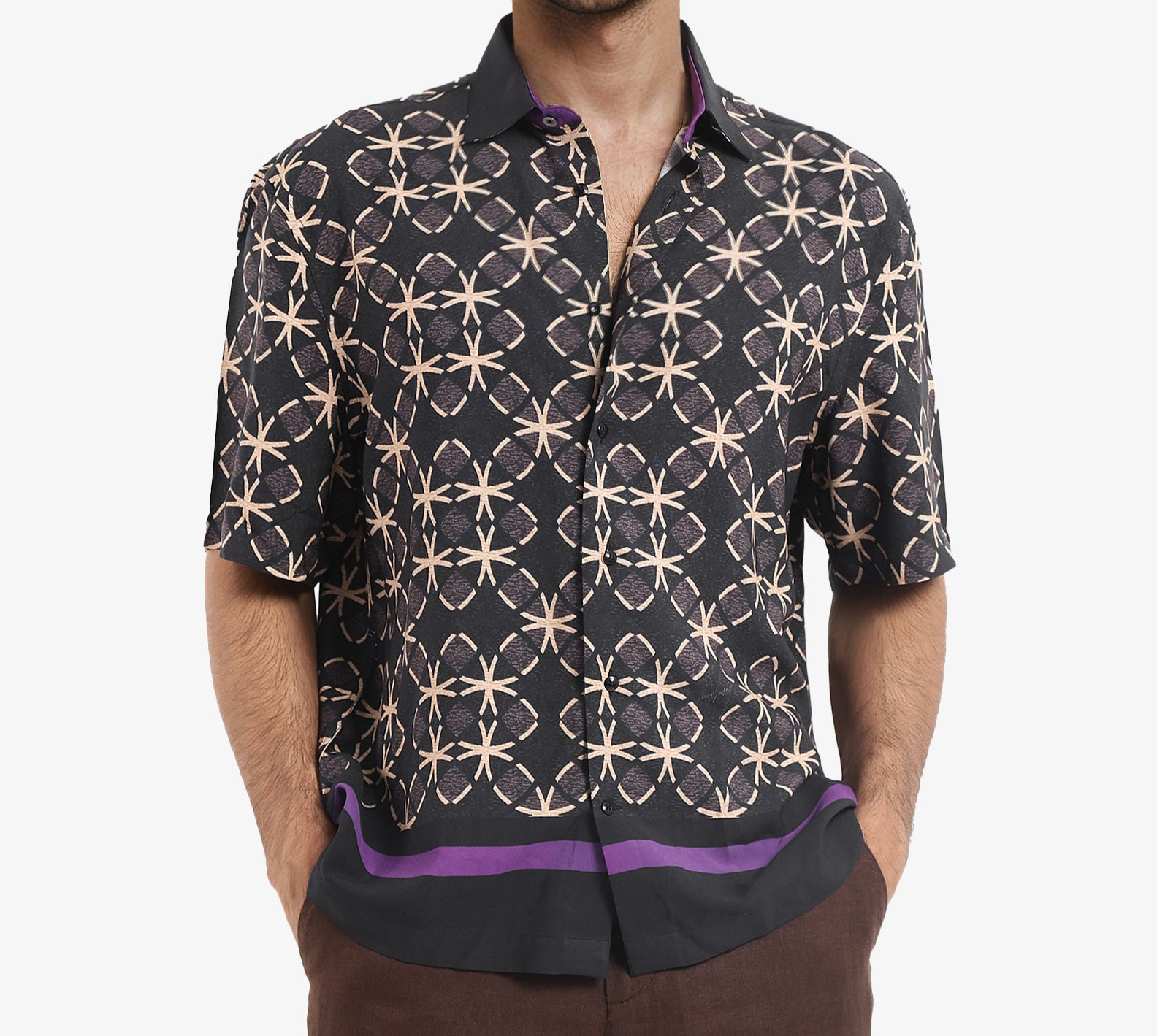 Rare Rabbit Men's Lanre Black Viscose Fabric Short Sleeve Boxy Fit Geometric Print Shirt