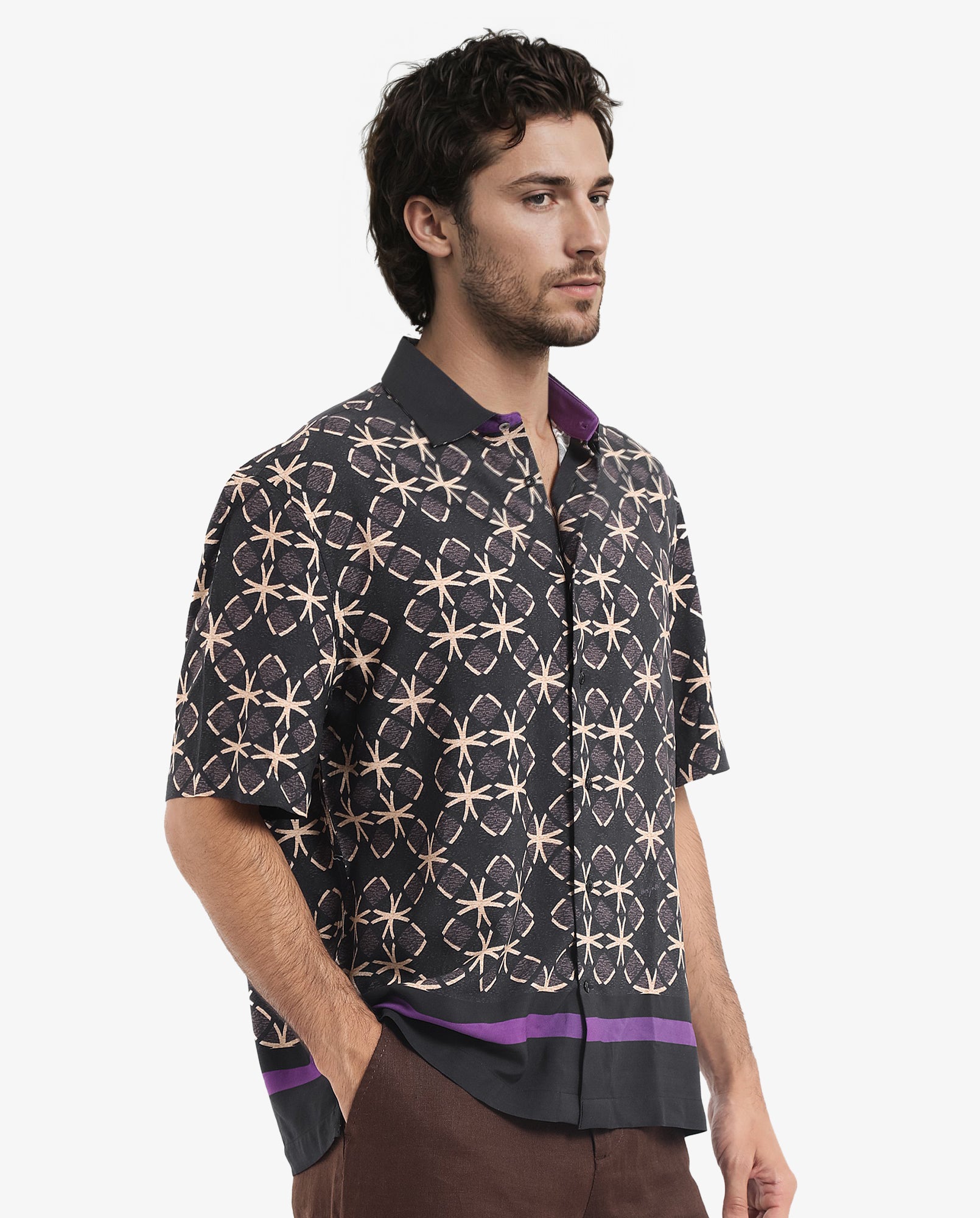 Rare Rabbit Men's Lanre Black Viscose Fabric Short Sleeve Boxy Fit Geometric Print Shirt