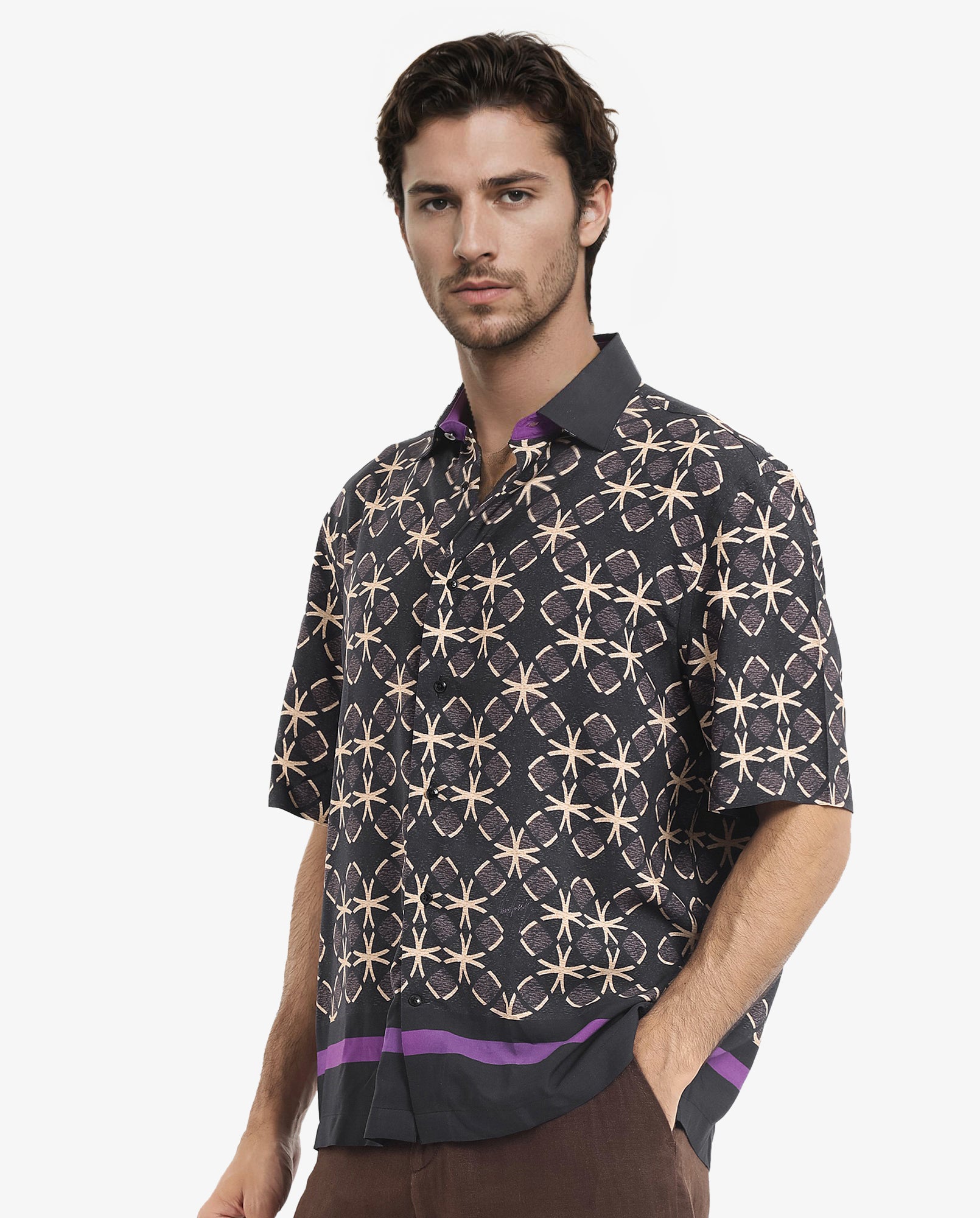 Rare Rabbit Men's Lanre Black Viscose Fabric Short Sleeve Boxy Fit Geometric Print Shirt
