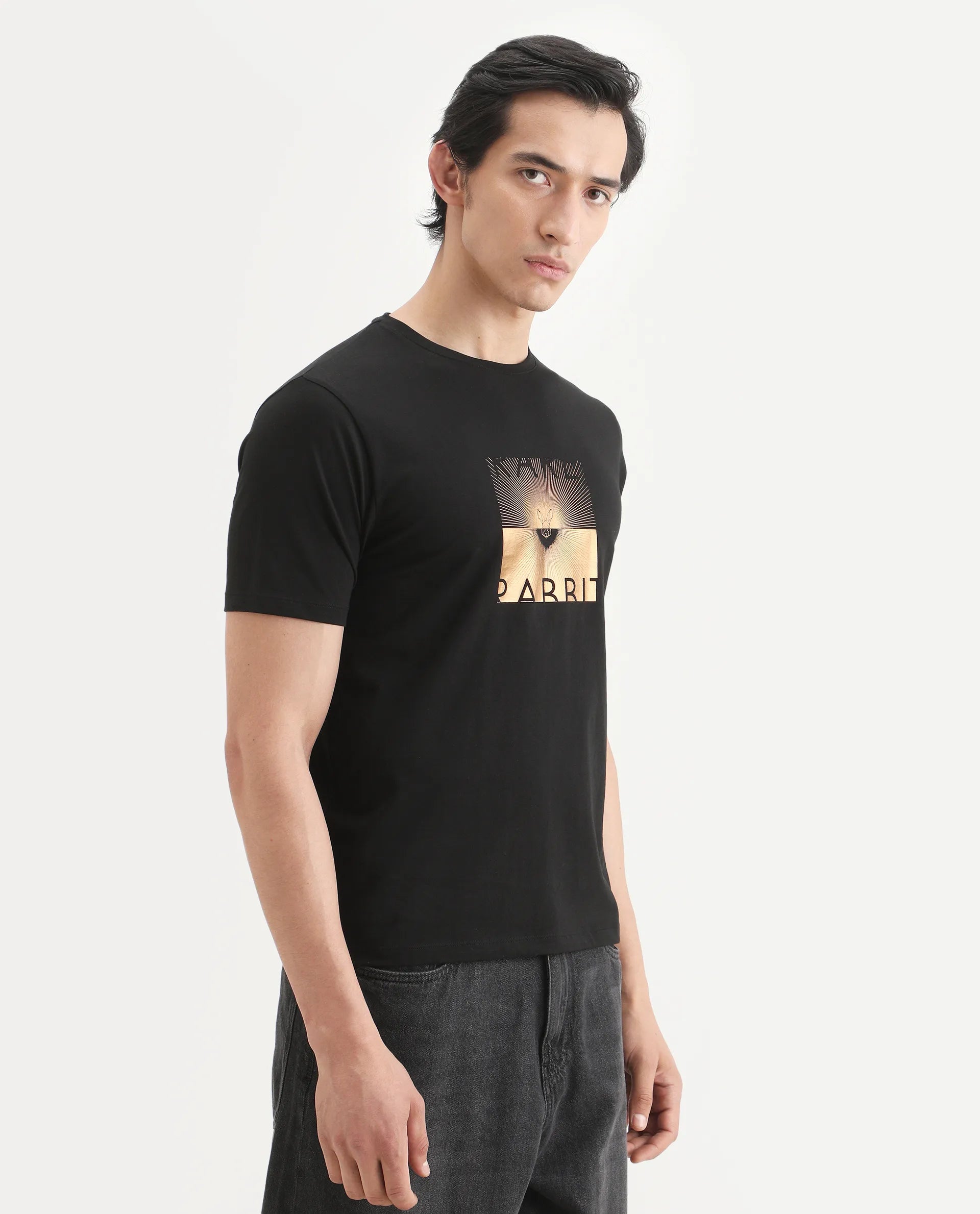 Rare Rabbit Men's Lant Black Cotton Blend Fabric Half Sleeve Crew Neck Regular Fit Graphic Print T-Shirt