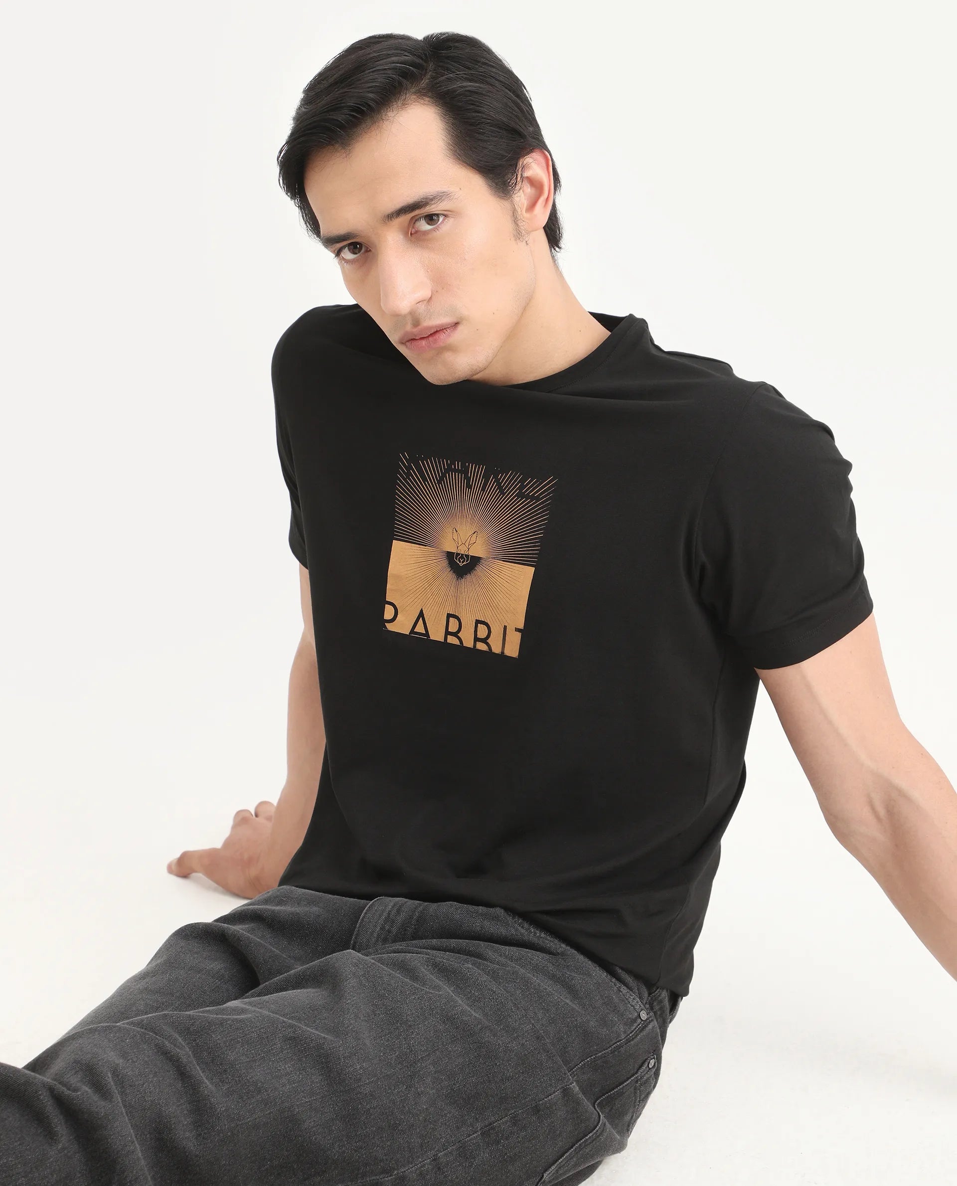 Rare Rabbit Men's Lant Black Cotton Blend Fabric Half Sleeve Crew Neck Regular Fit Graphic Print T-Shirt