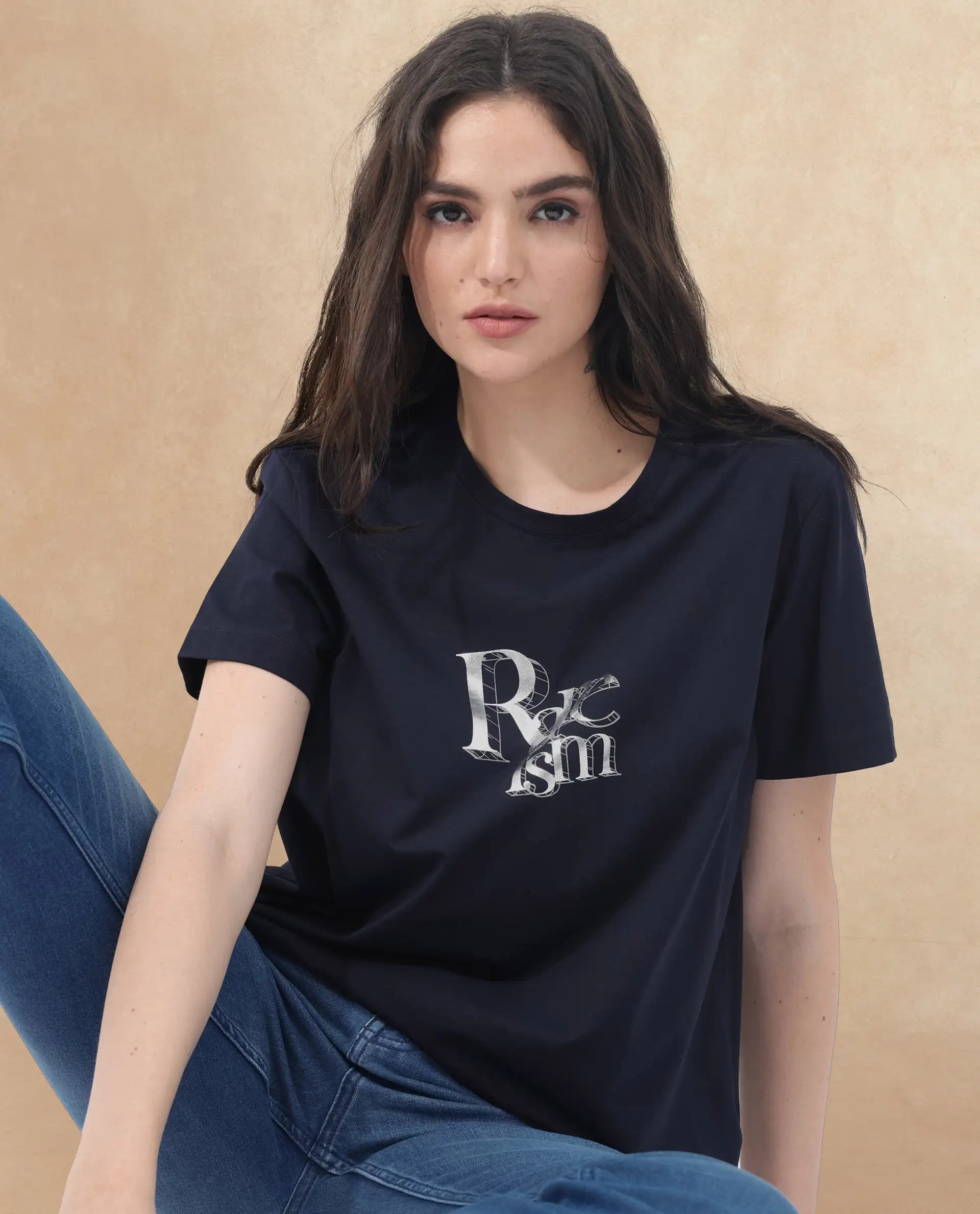 Rareism Women Lany Dark Navy Cotton Elastane Fabric Crew Neck Knit Solid T-Shirt