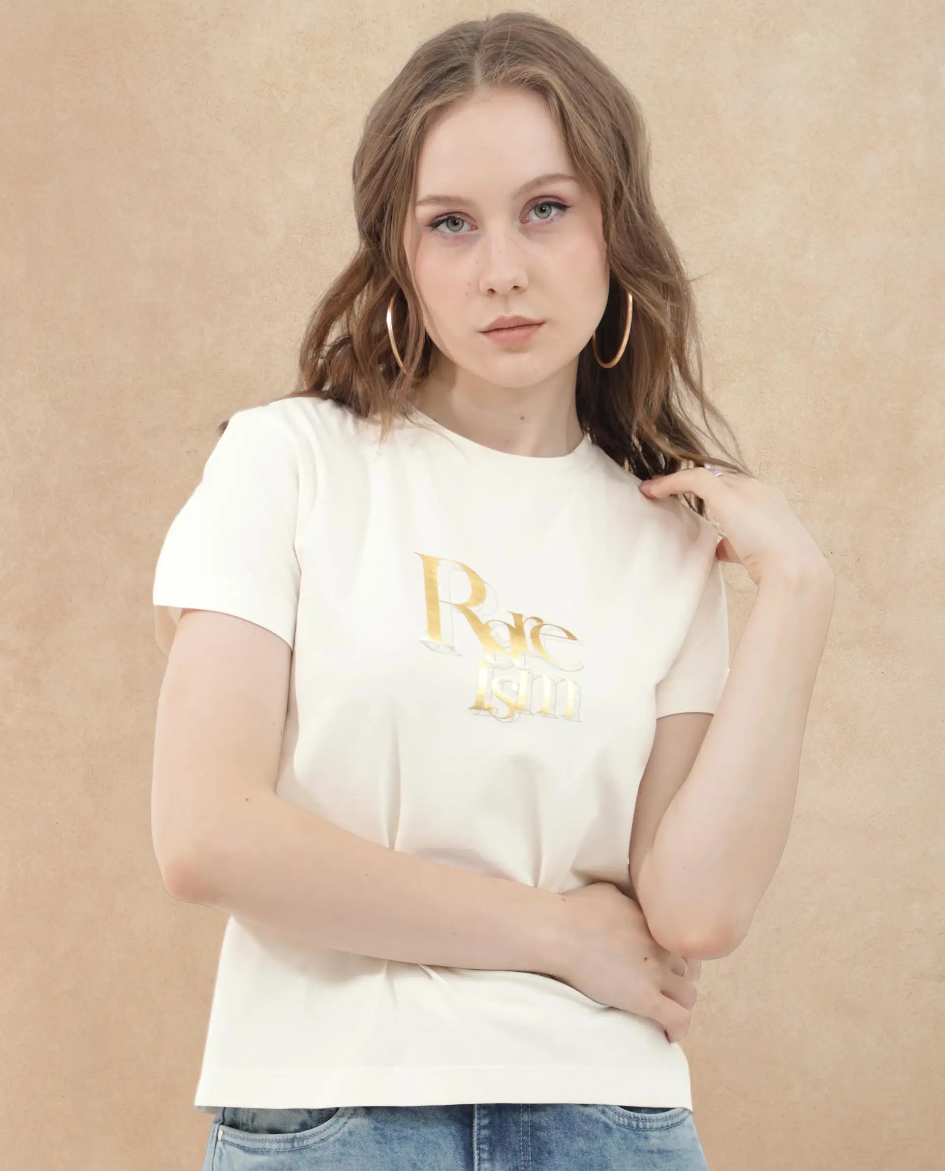 Rareism Women's Lany Off White Cotton Blend Crew Neck Graphic Print Regular Fit T-Shirt