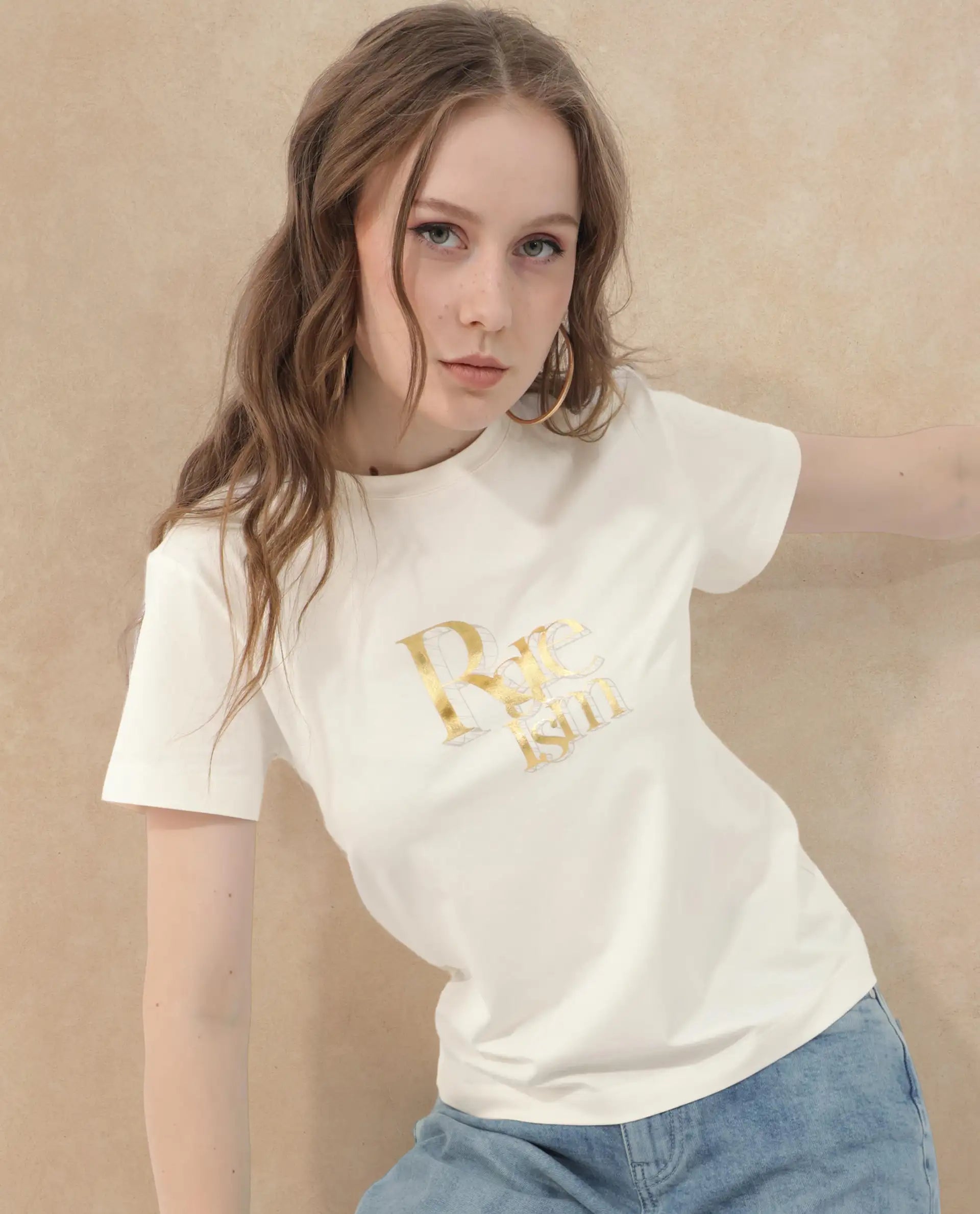 Rareism Women's Lany Off White Cotton Blend Crew Neck Graphic Print Regular Fit T-Shirt