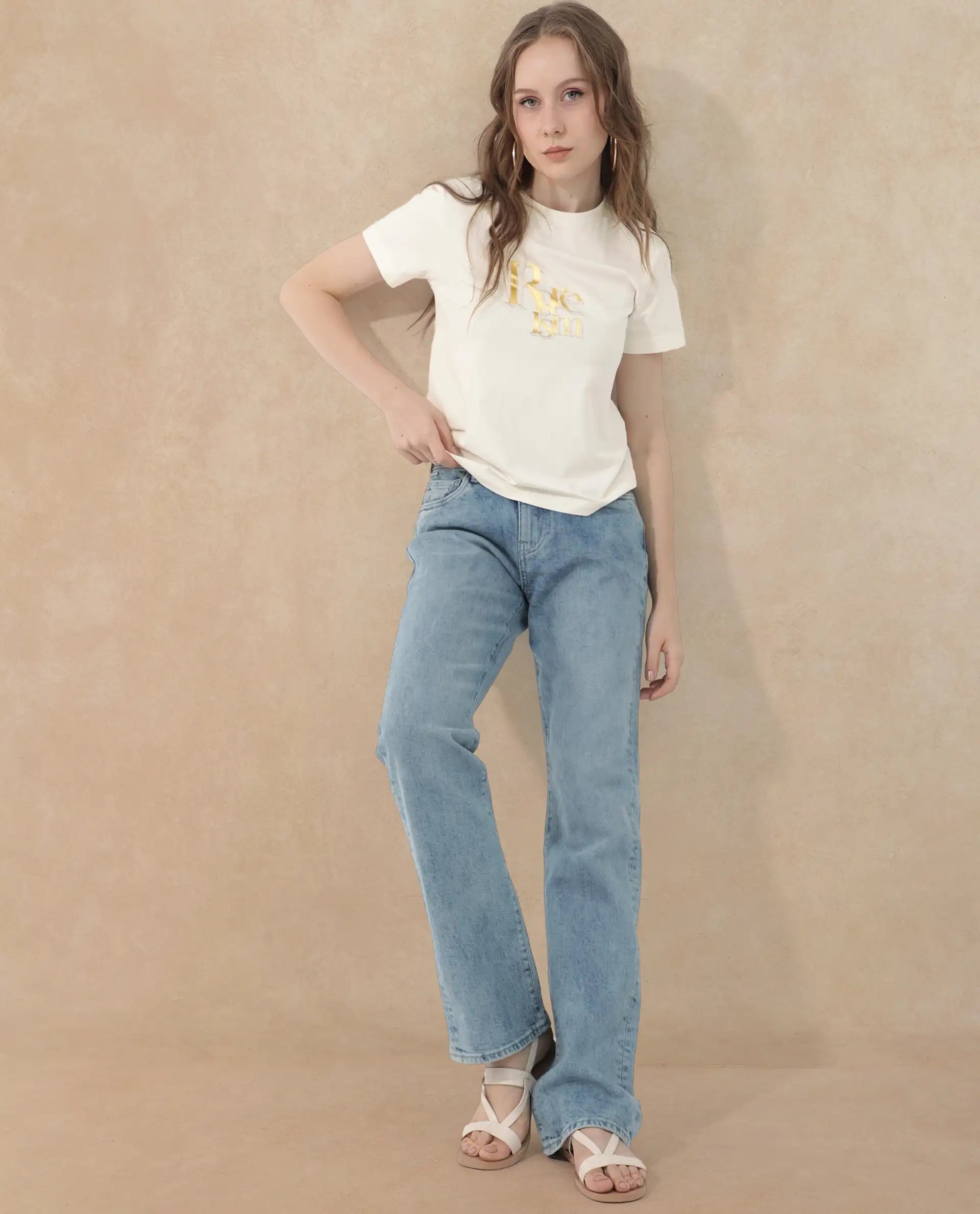 Rareism Women's Lany Off White Cotton Blend Crew Neck Graphic Print Regular Fit T-Shirt