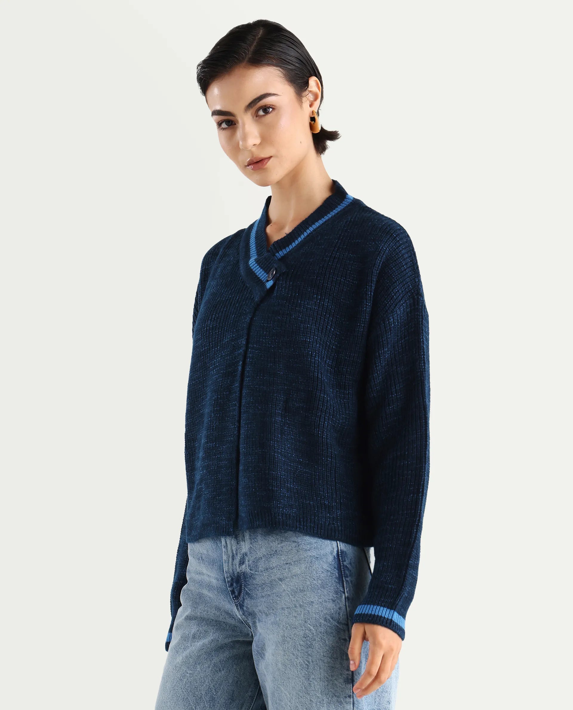 Rareism Women's Lapez Navy Overlap Neck Plain Relaxed Fit Shrug