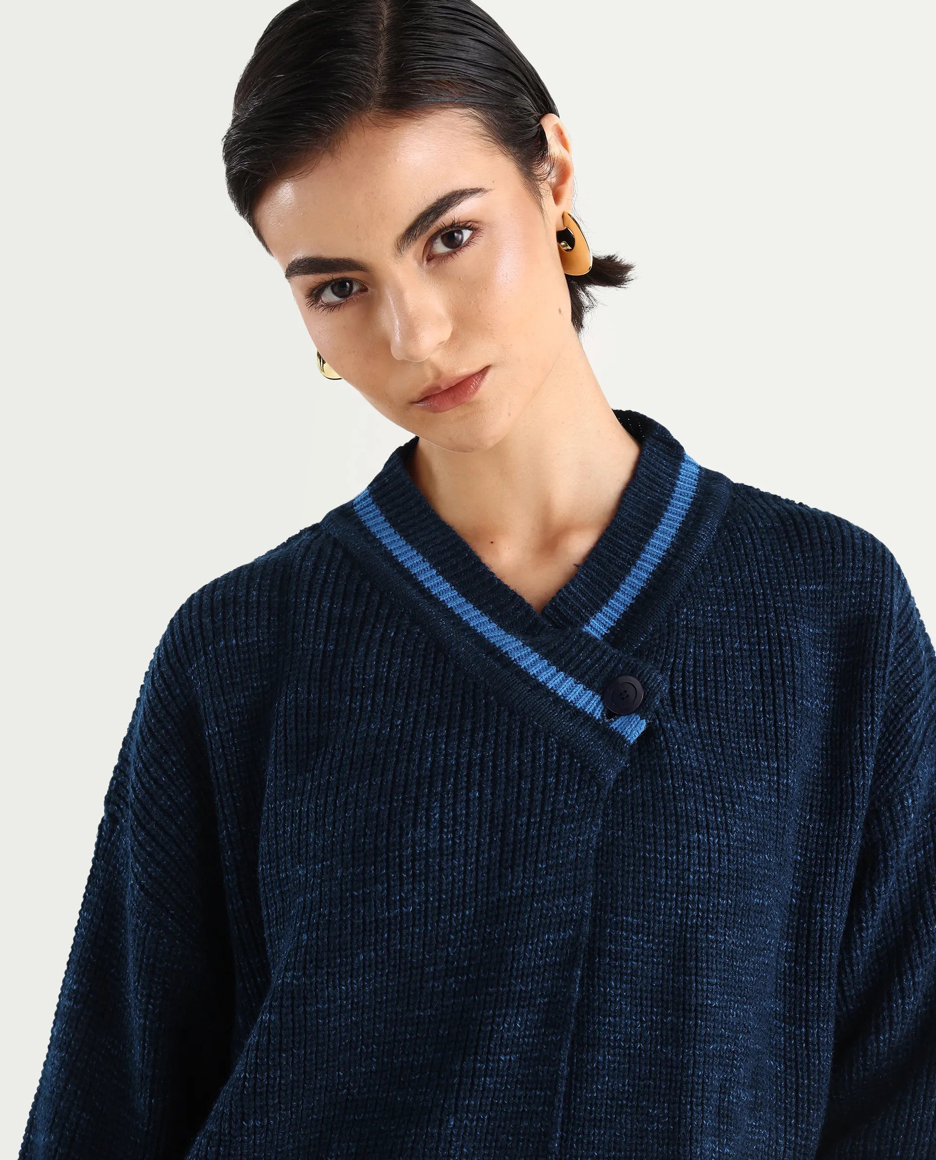 Rareism Women's Lapez Navy Overlap Neck Plain Relaxed Fit Shrug