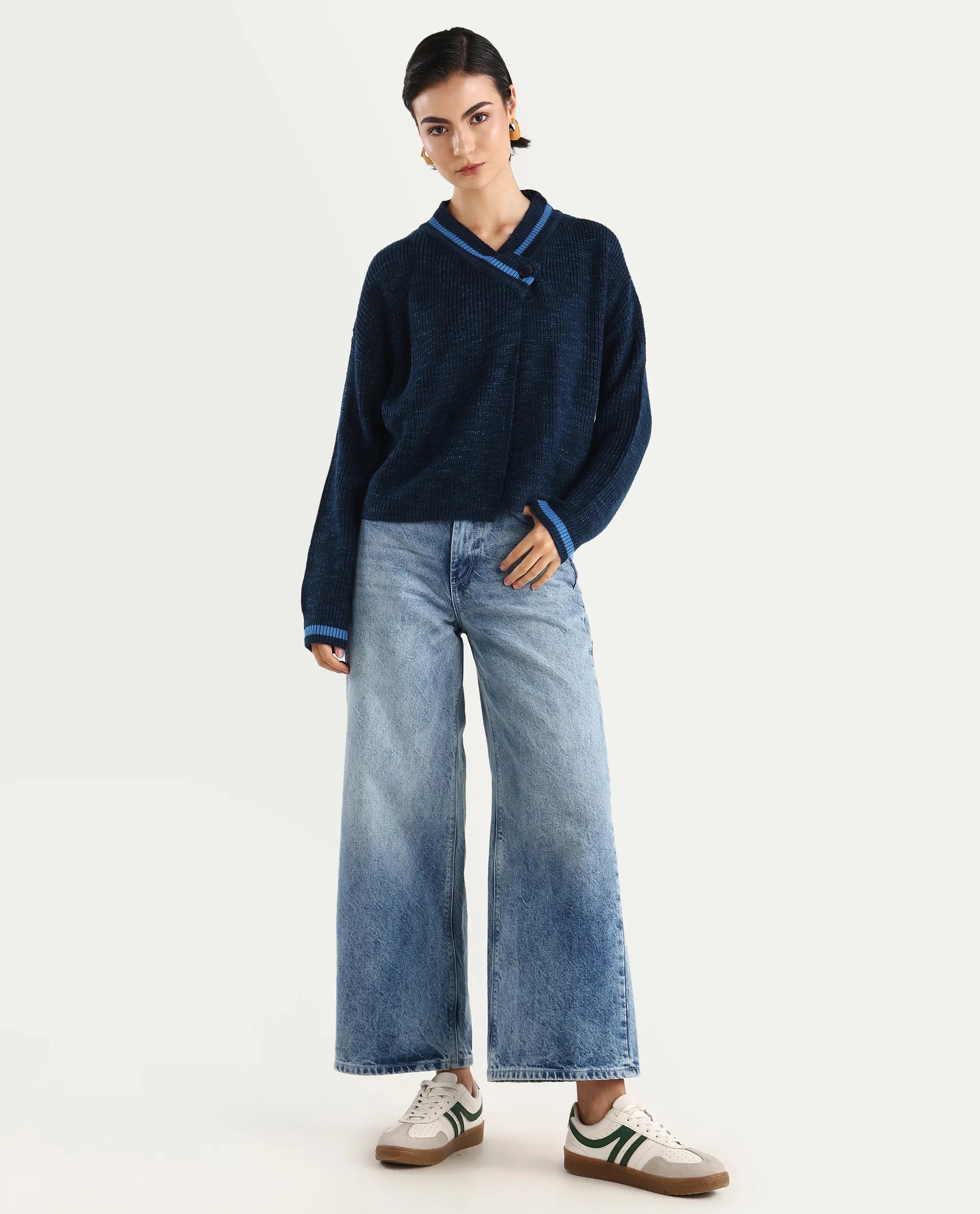 Rareism Women's Lapez Navy Overlap Neck Plain Relaxed Fit Shrug